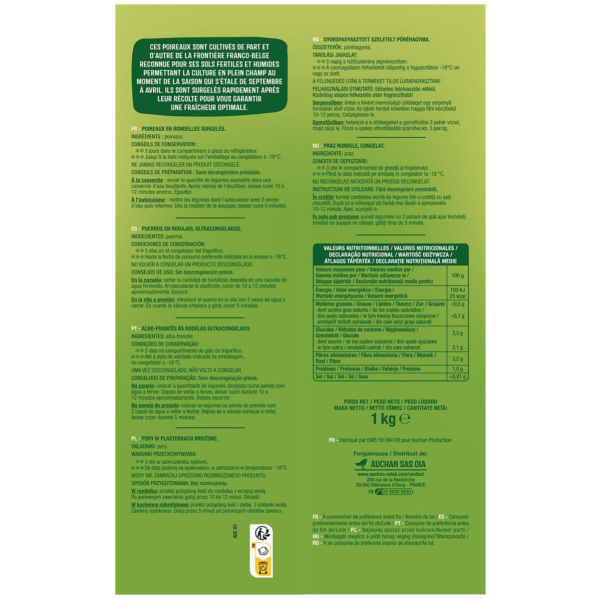 AUCHAN Poireaux en rondelles 5 portions 1kg