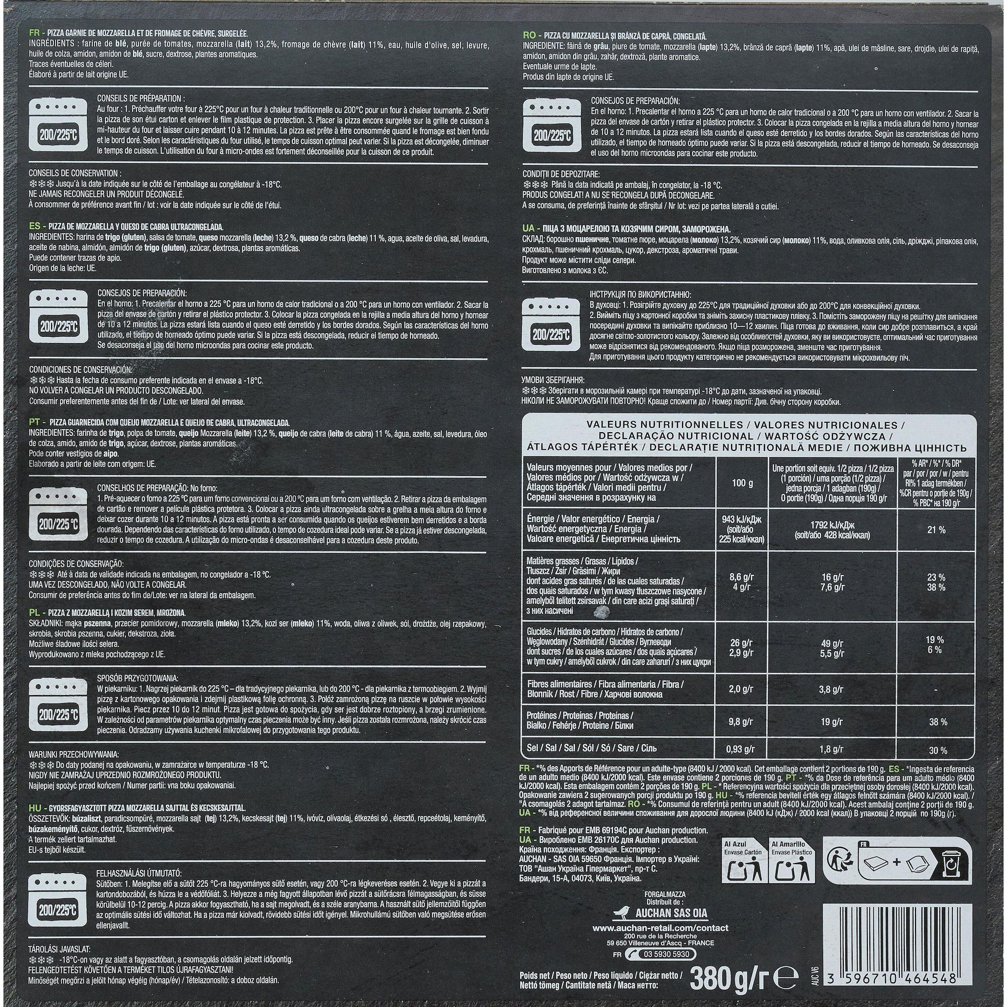 Voir la diapositive 3 : AUCHAN Pizza cuite sur pierre au fromage de chèvre 380g