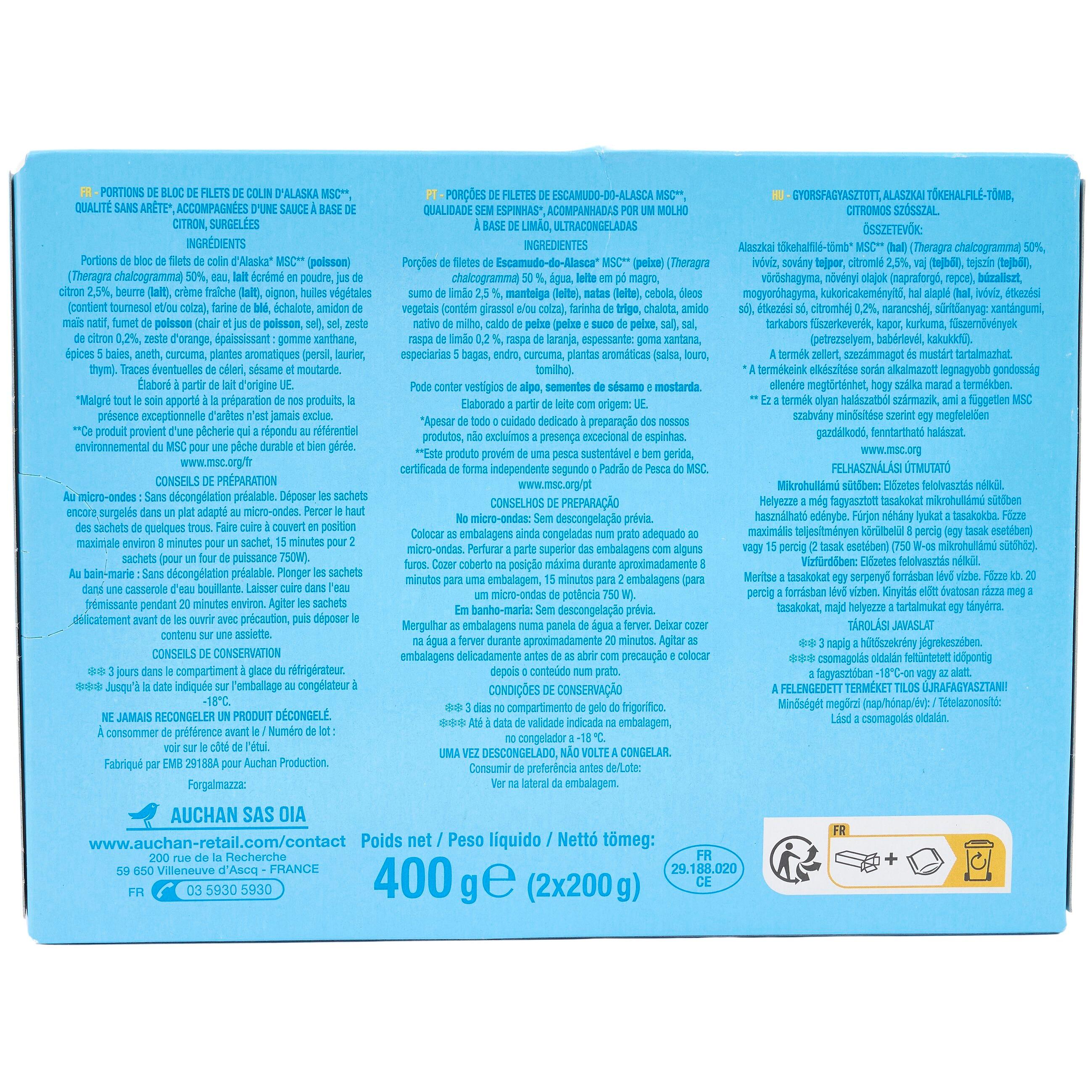 Voir la diapositive 2 : AUCHAN Colin d'Alaska sauce citronné MSC 2 portions 400g