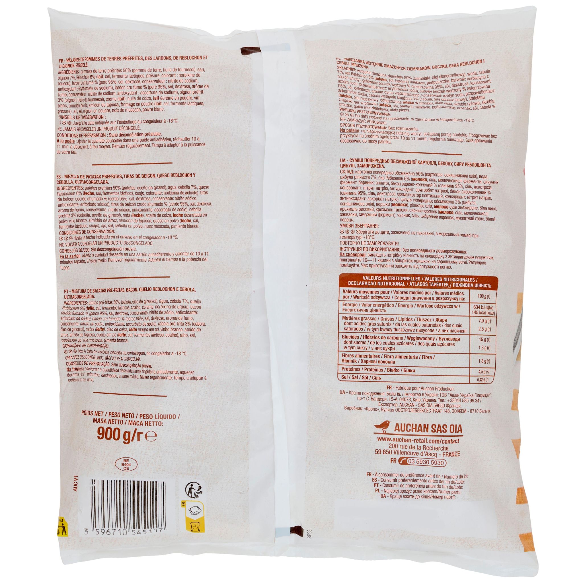 Voir la diapositive 2 : AUCHAN Tartiflette 3 portions 900g