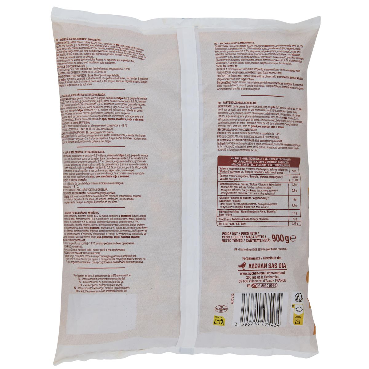 AUCHAN Penne à la bolognaise 3 portions 900g