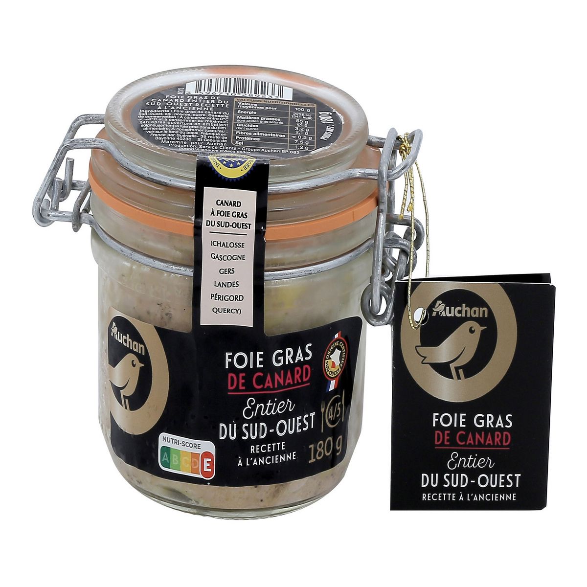 AUCHAN GOURMET Foie gras de canard entier du Sud-Ouest à l'ancienne 4/5 parts 180g