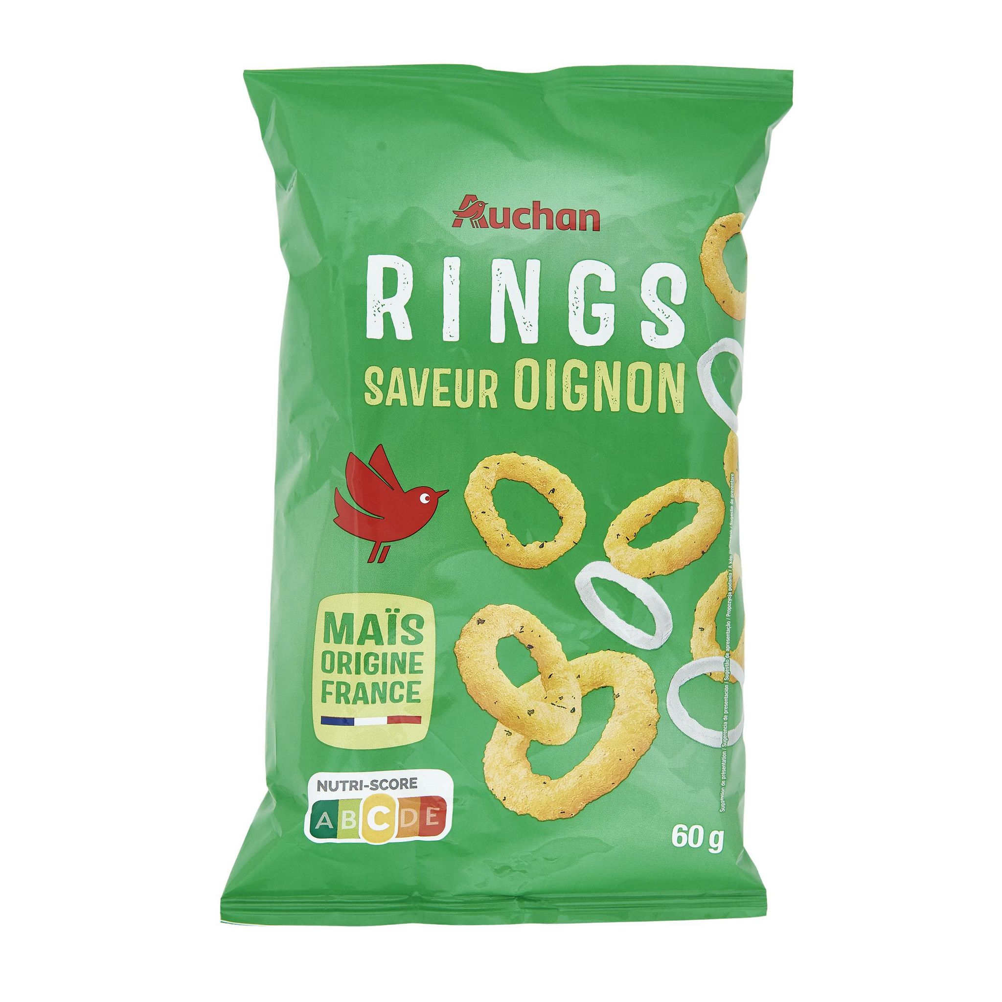 Voir la diapositive 2 : AUCHAN Biscuits soufflés Rings saveur oignon 60g