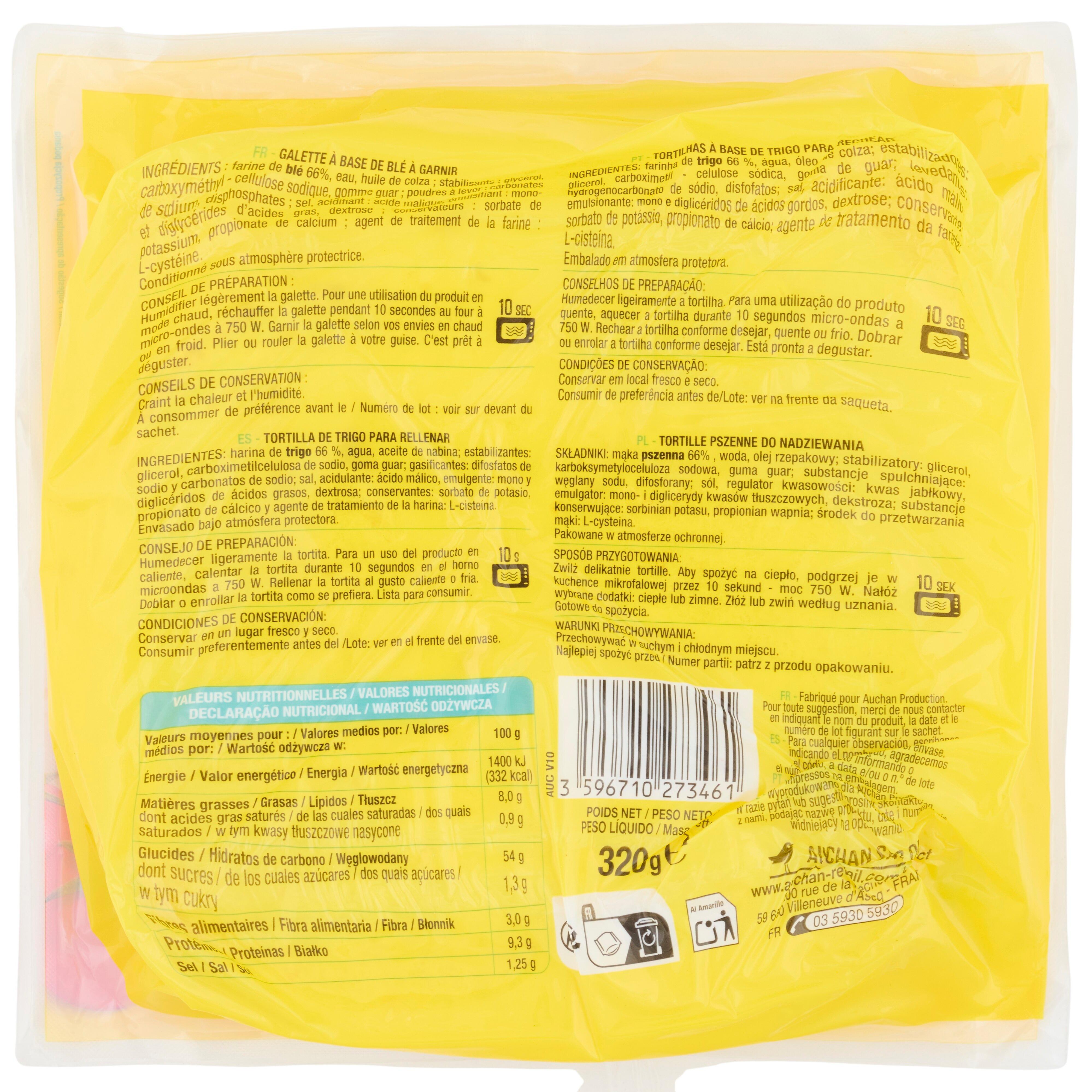 Voir la diapositive 2 : AUCHAN Tortillas de blé 8 tortillas 320g