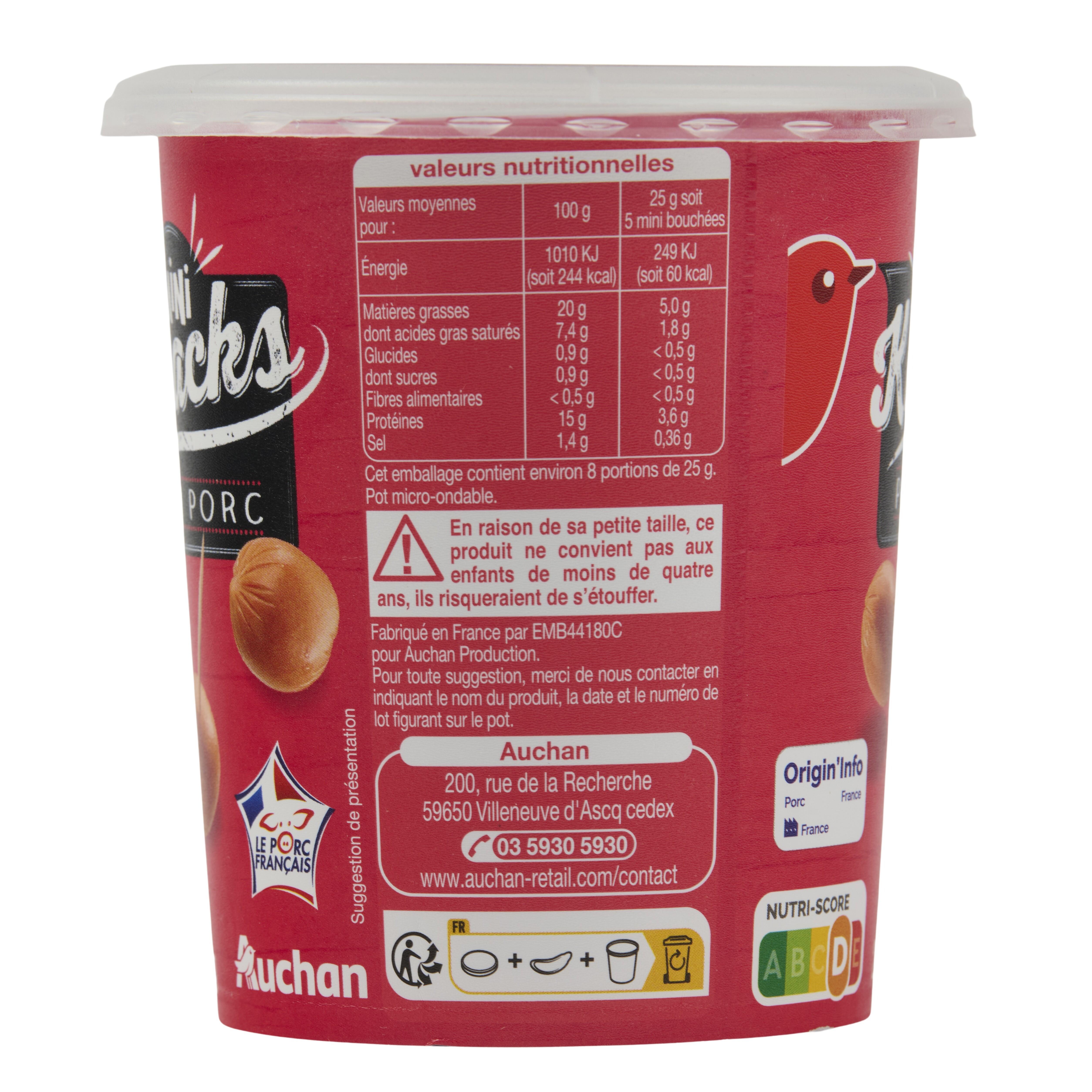 Voir la diapositive 3 : AUCHAN Mini saucisses knacks pur porc 200g