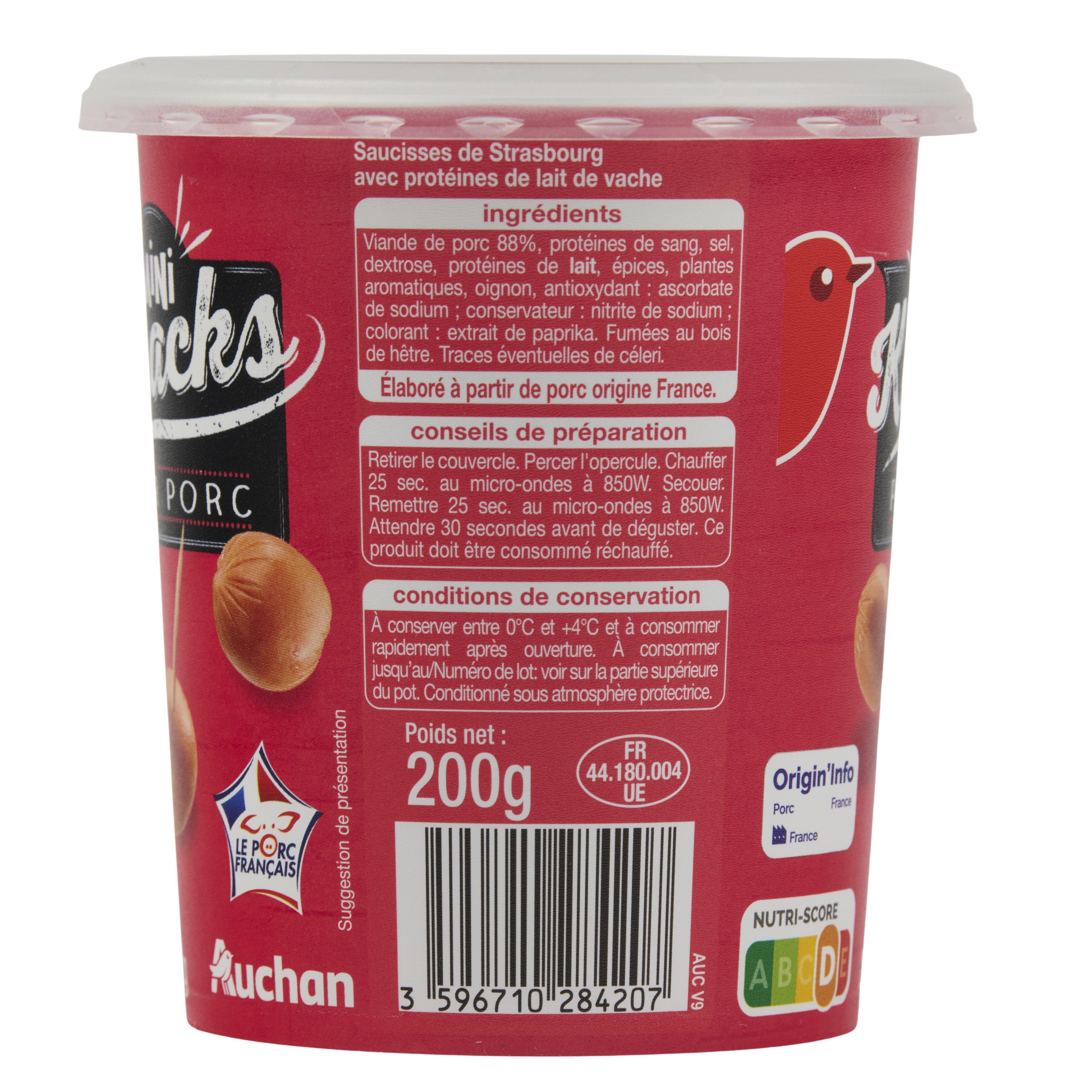 Voir la diapositive 4 : AUCHAN Mini saucisses knacks pur porc 200g