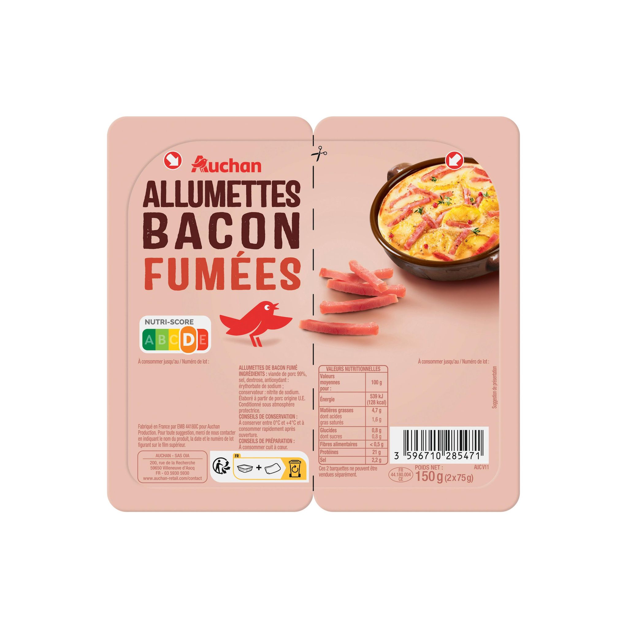 Voir la diapositive 2 : AUCHAN Allumettes de bacon fumées 2x75g