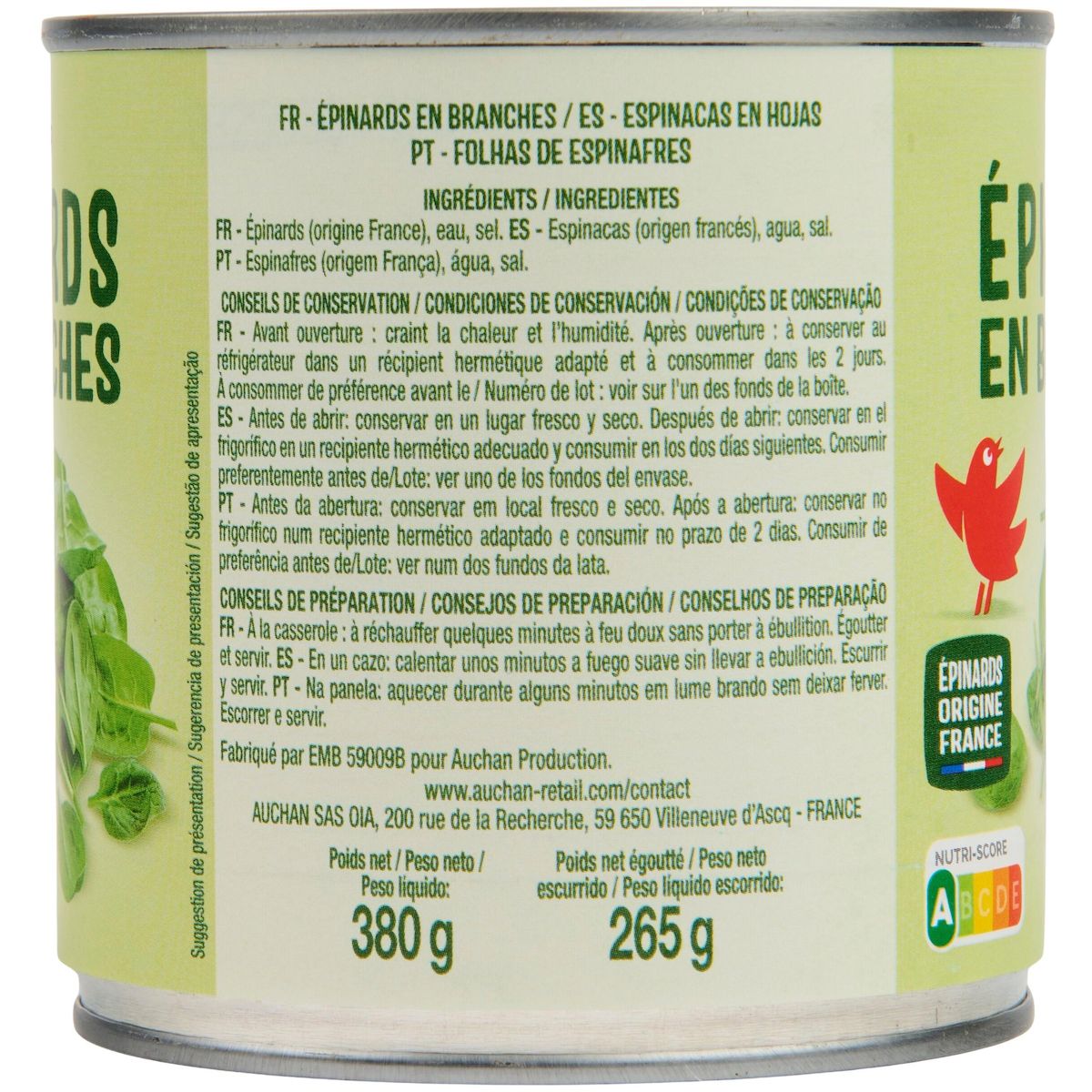 AUCHAN Epinards en branches 380g
