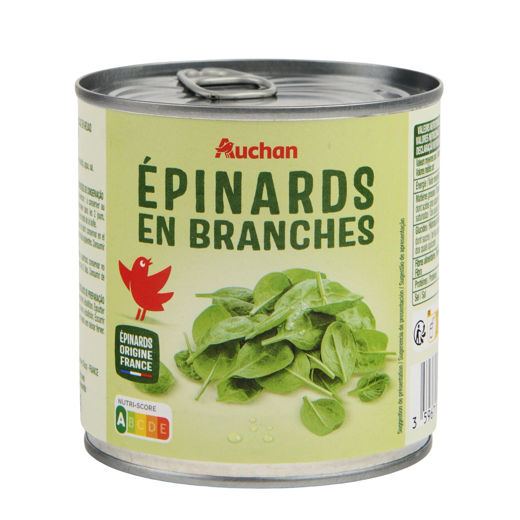 Voir la diapositive 2 : AUCHAN Epinards en branches 380g
