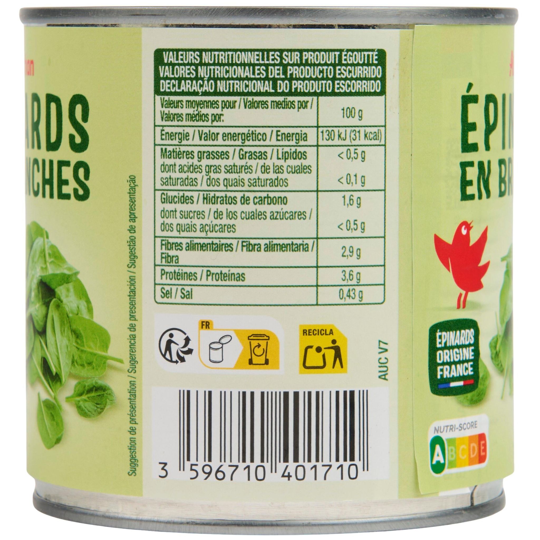 Voir la diapositive 3 : AUCHAN Epinards en branches 380g