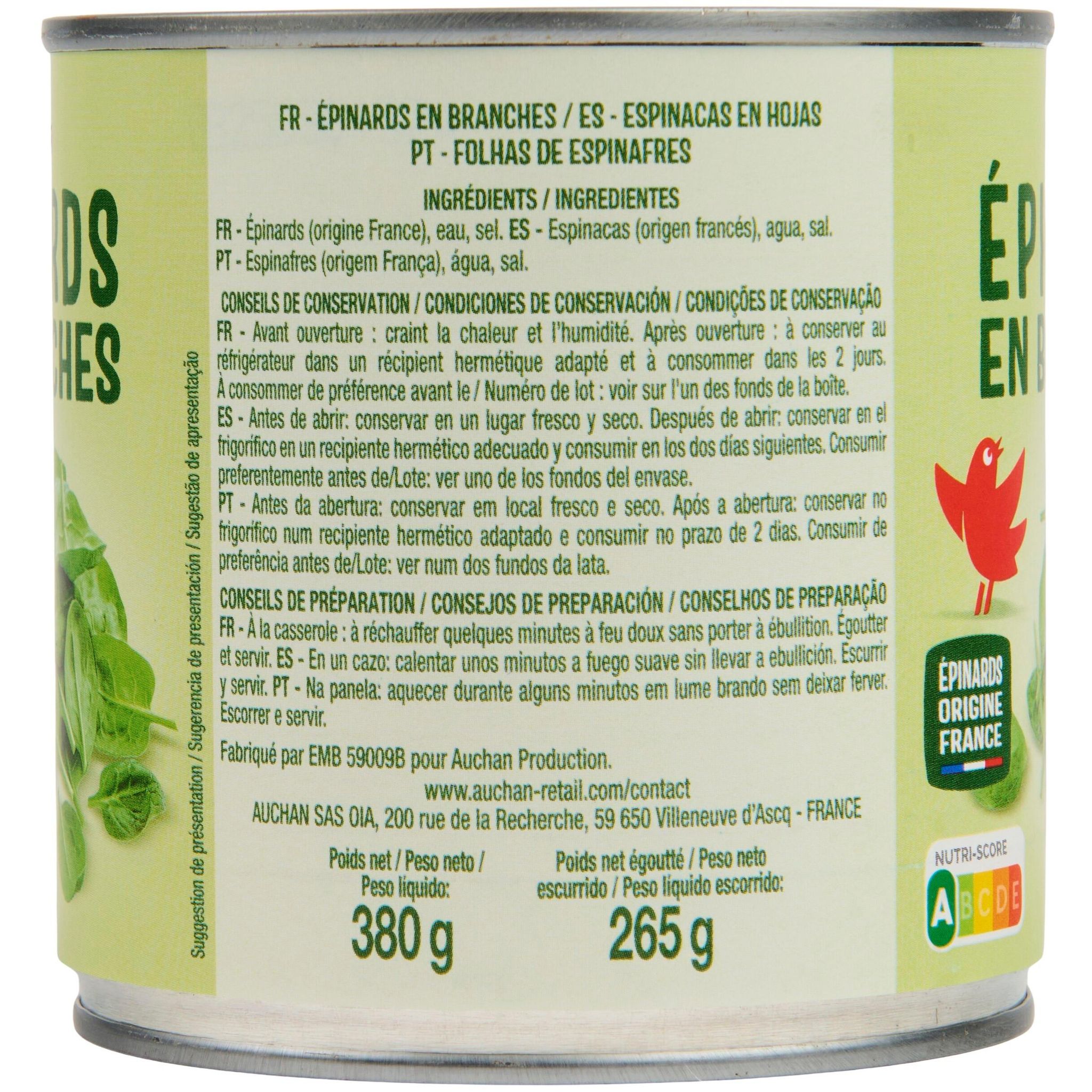 Voir la diapositive 4 : AUCHAN Epinards en branches 380g