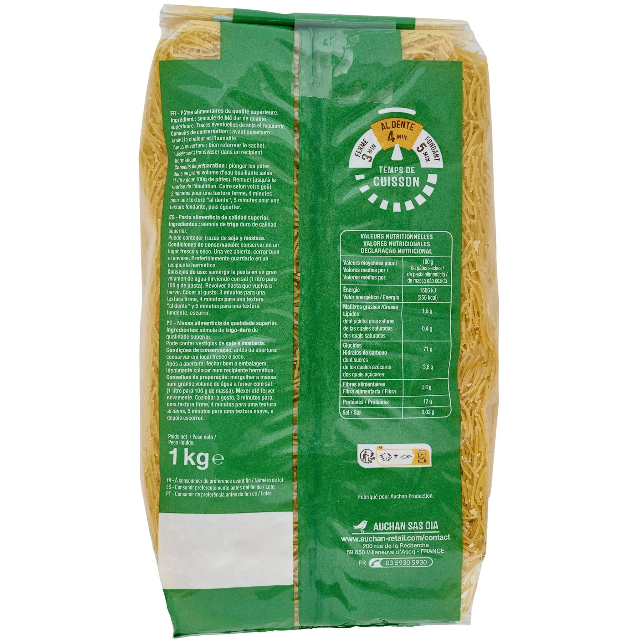 Voir la diapositive 3 : AUCHAN Cheveux d'ange cuisson rapide 3min 1kg