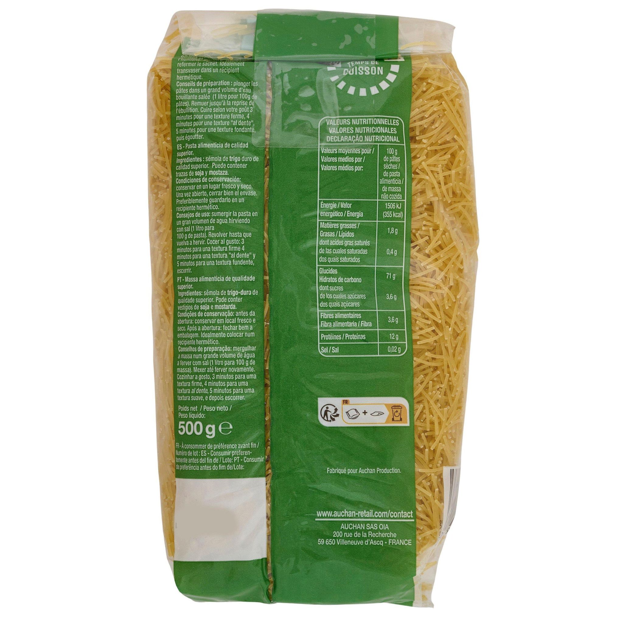 Voir la diapositive 2 : AUCHAN Cheveux d'ange cuisson rapide 3min 500g