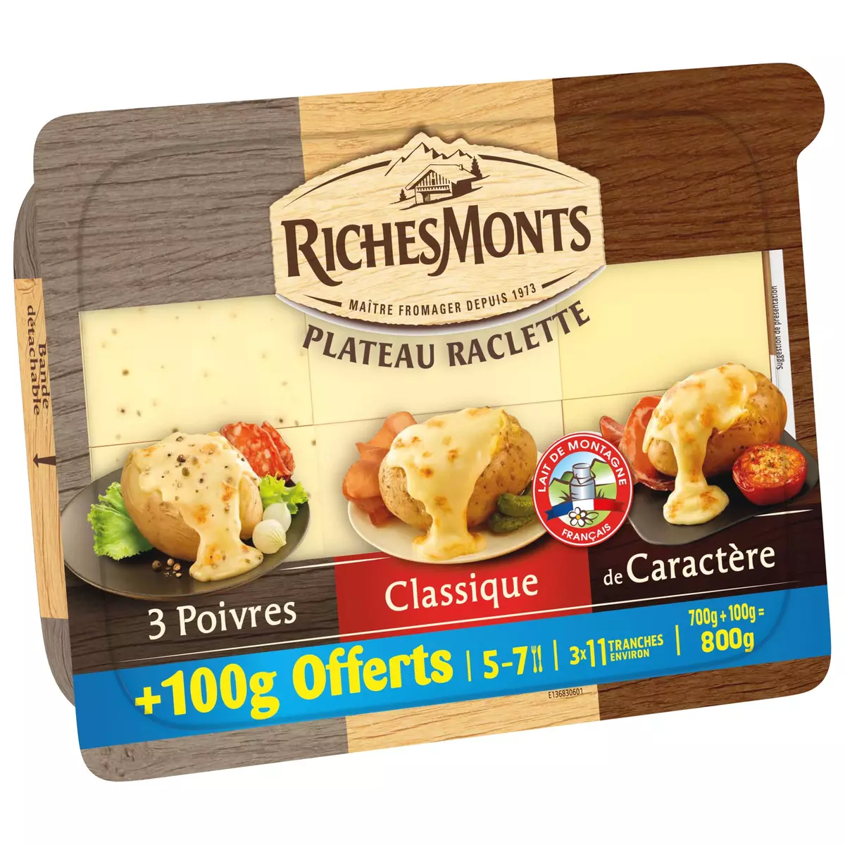 RICHESMONTS Plateau fromage à raclette 3 poivres classique de caractère 3x11 tranches 700g +100g offert