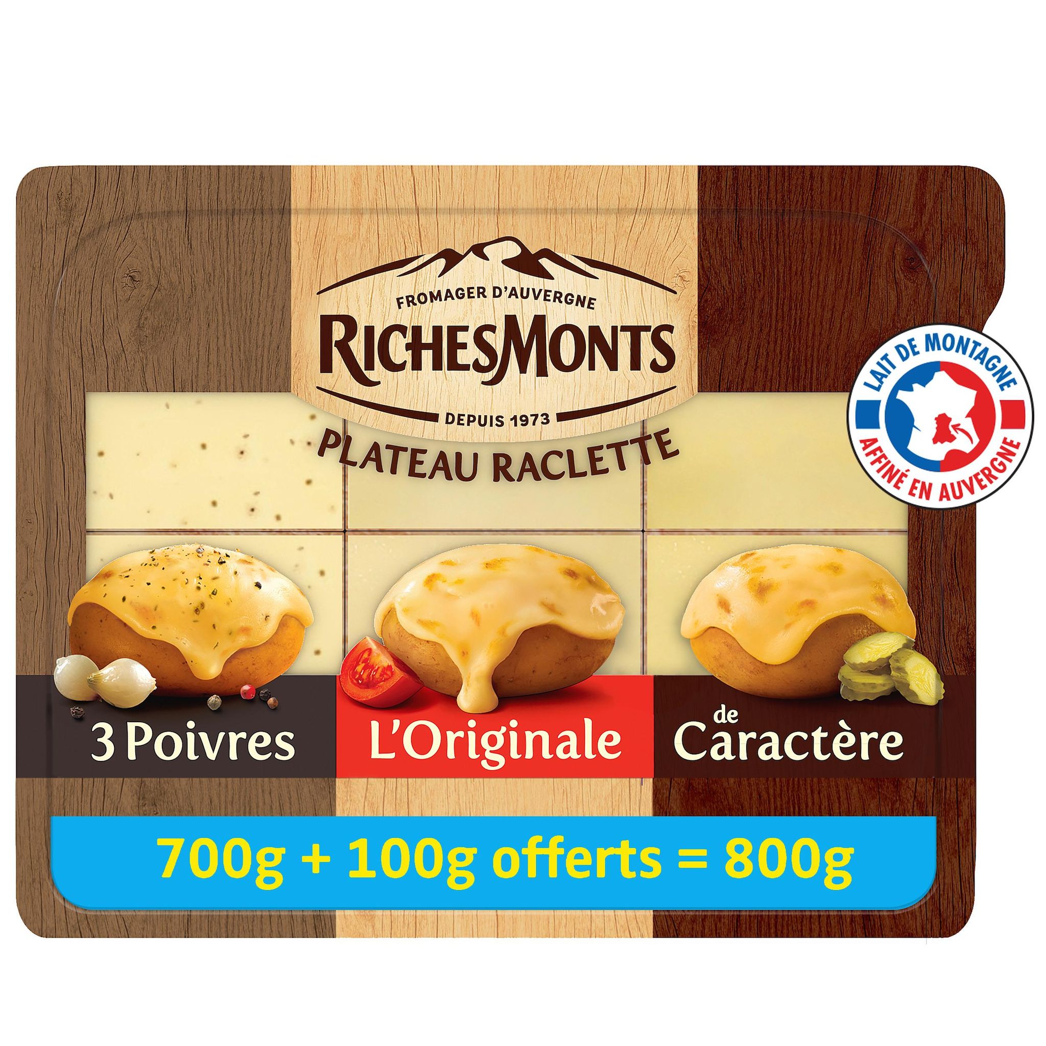 Voir la diapositive 2 : RICHESMONTS Plateau fromage à raclette 3 poivres classique de caractère 3x11 tranches 700g +100g offert