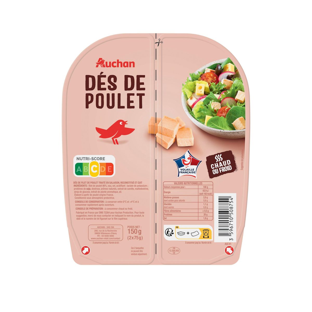 AUCHAN Dés de poulet rôti 2x75g