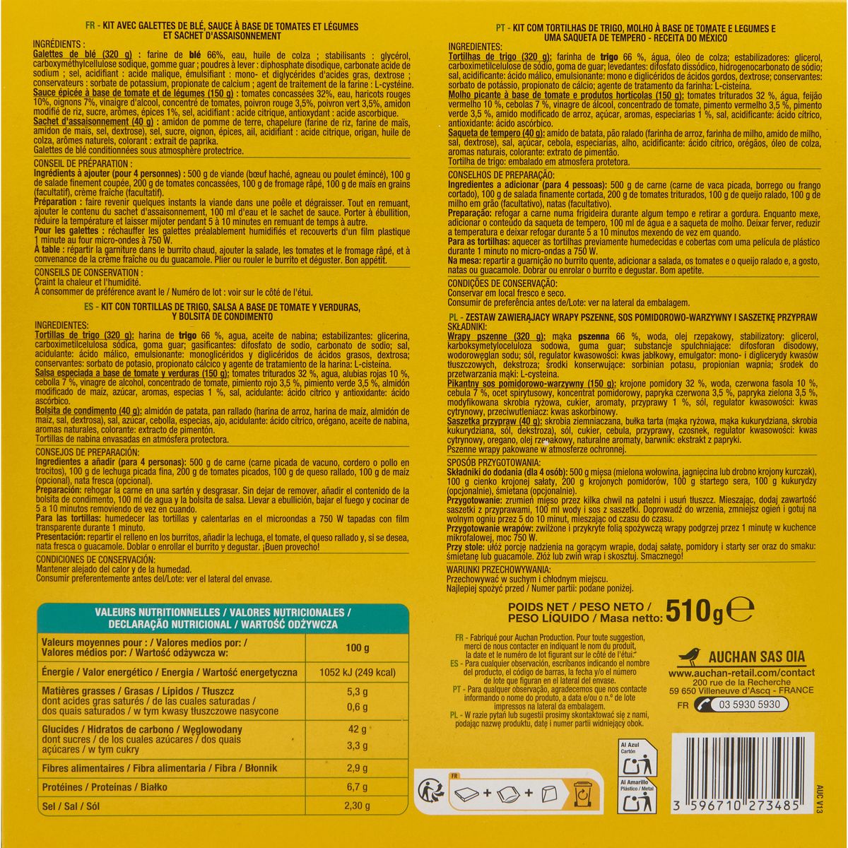 AUCHAN Kit pour burritos 4 personnes 510g