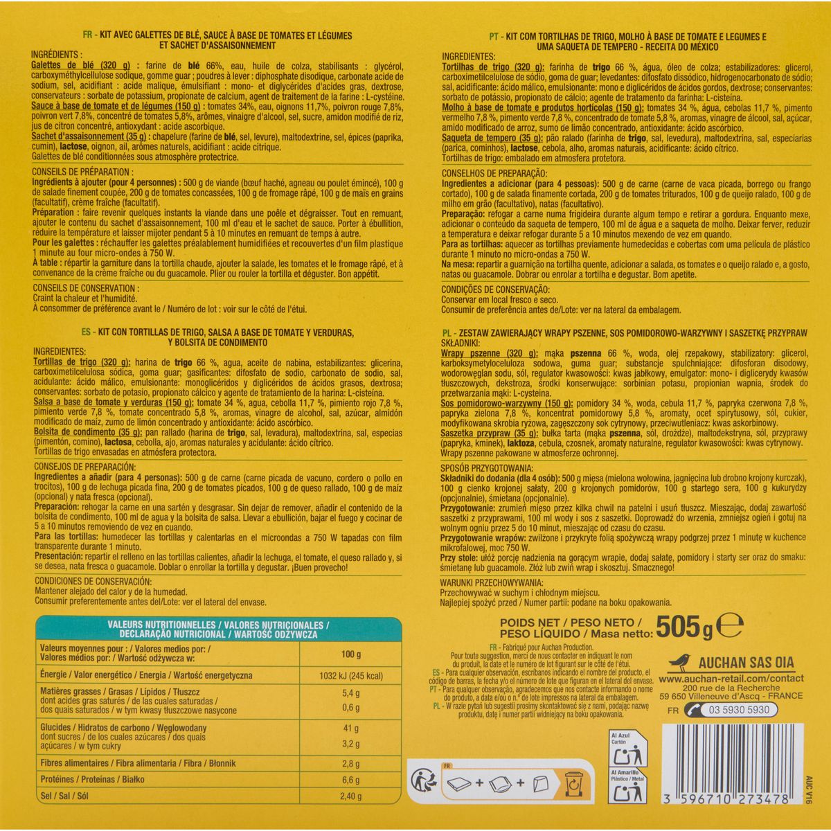 AUCHAN Kit pour fajitas 4 personnes 505g