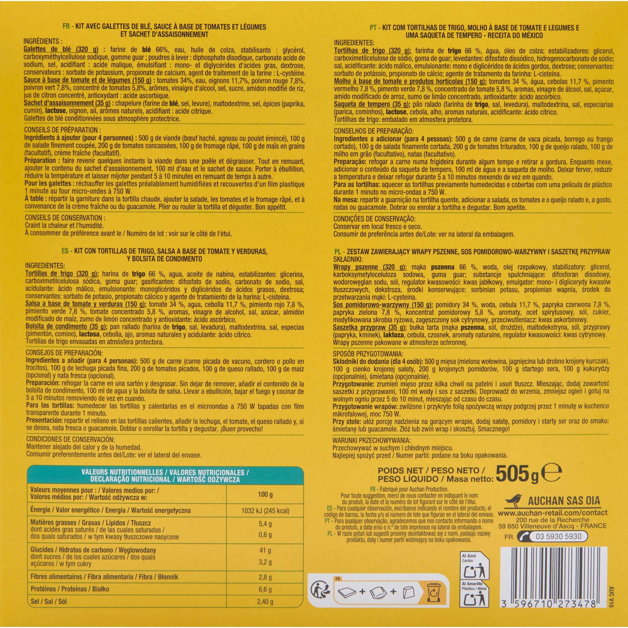 Voir la diapositive 4 : AUCHAN Kit pour fajitas 4 personnes 505g