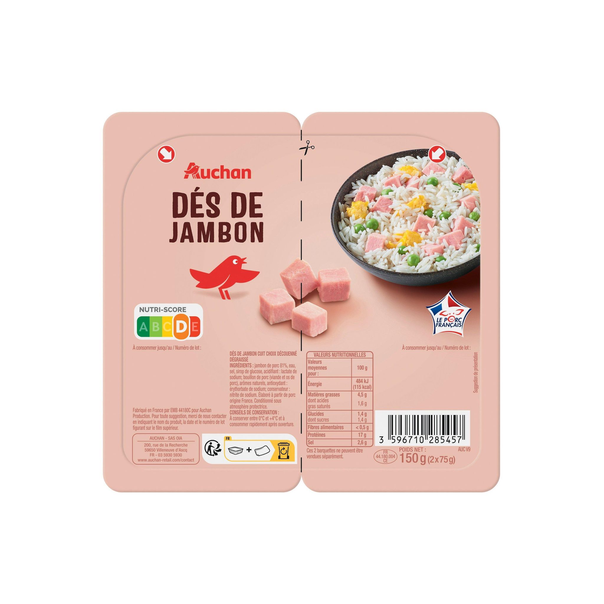 Voir la diapositive 2 : AUCHAN Dés de jambon 2x75g