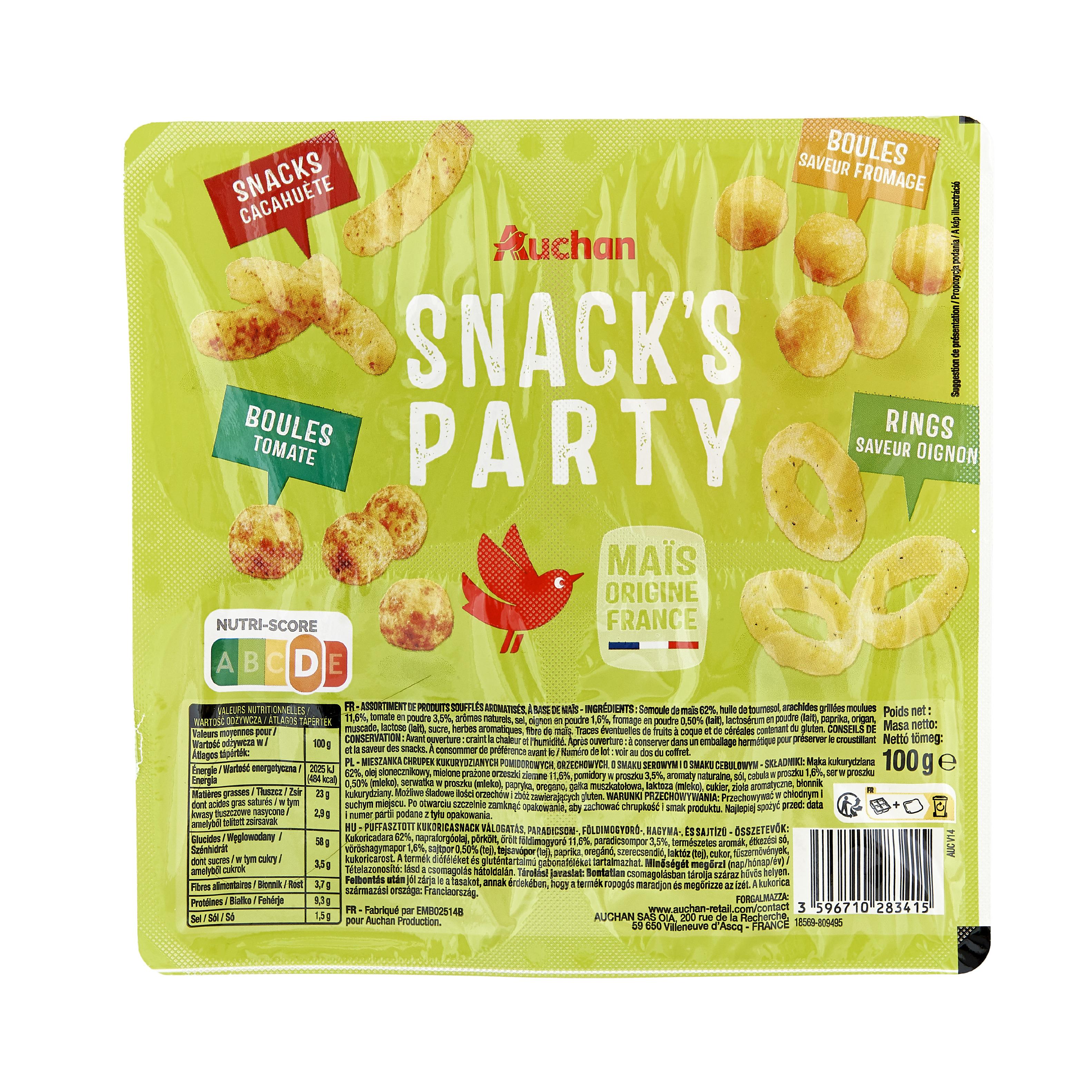 Voir la diapositive 2 : AUCHAN Assortiment de biscuits apéritifs soufflés Snack party 100g
