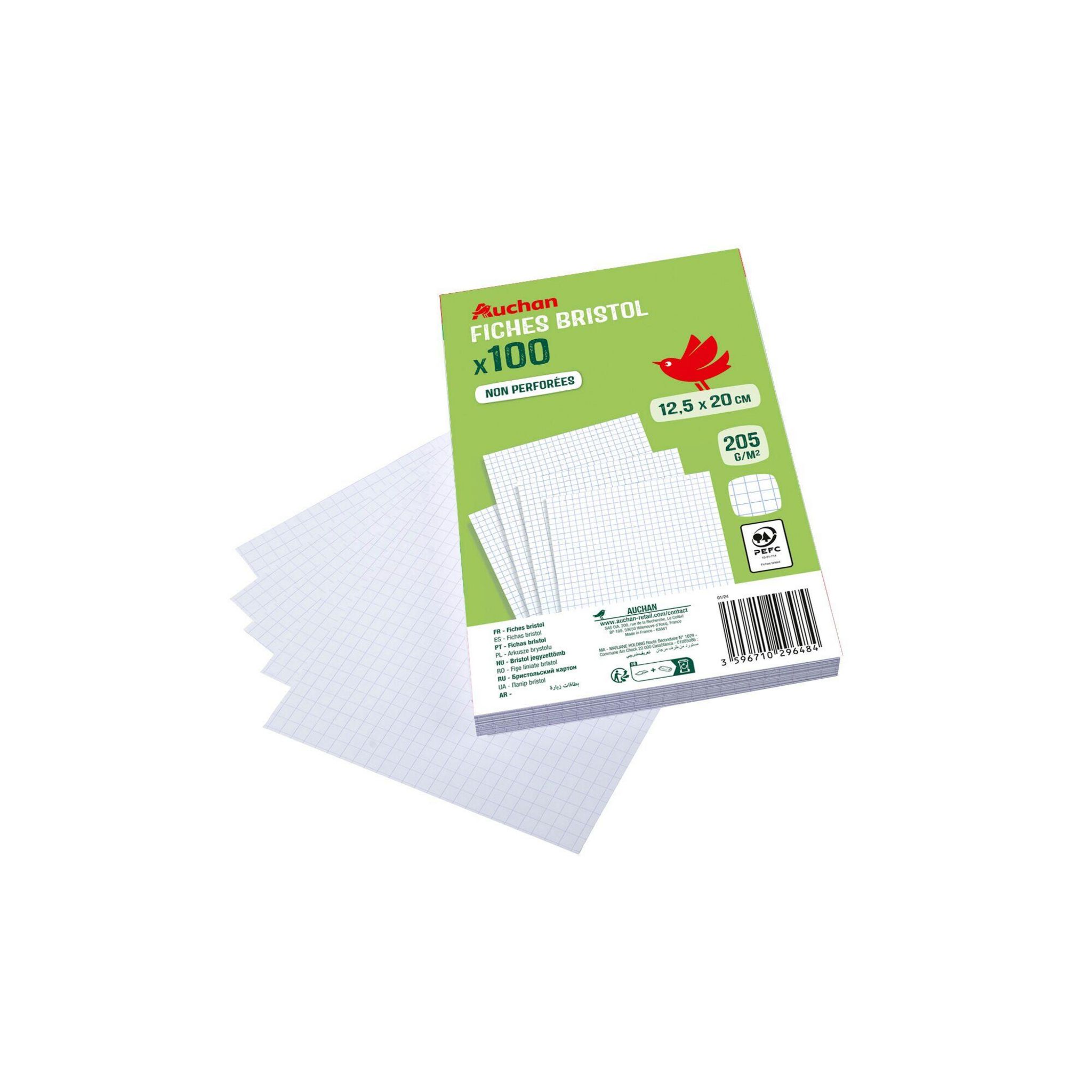 AUCHAN Lot de 100 fiches bristol 12.5x20cm petits carreaux 5x5 blanches non perforées