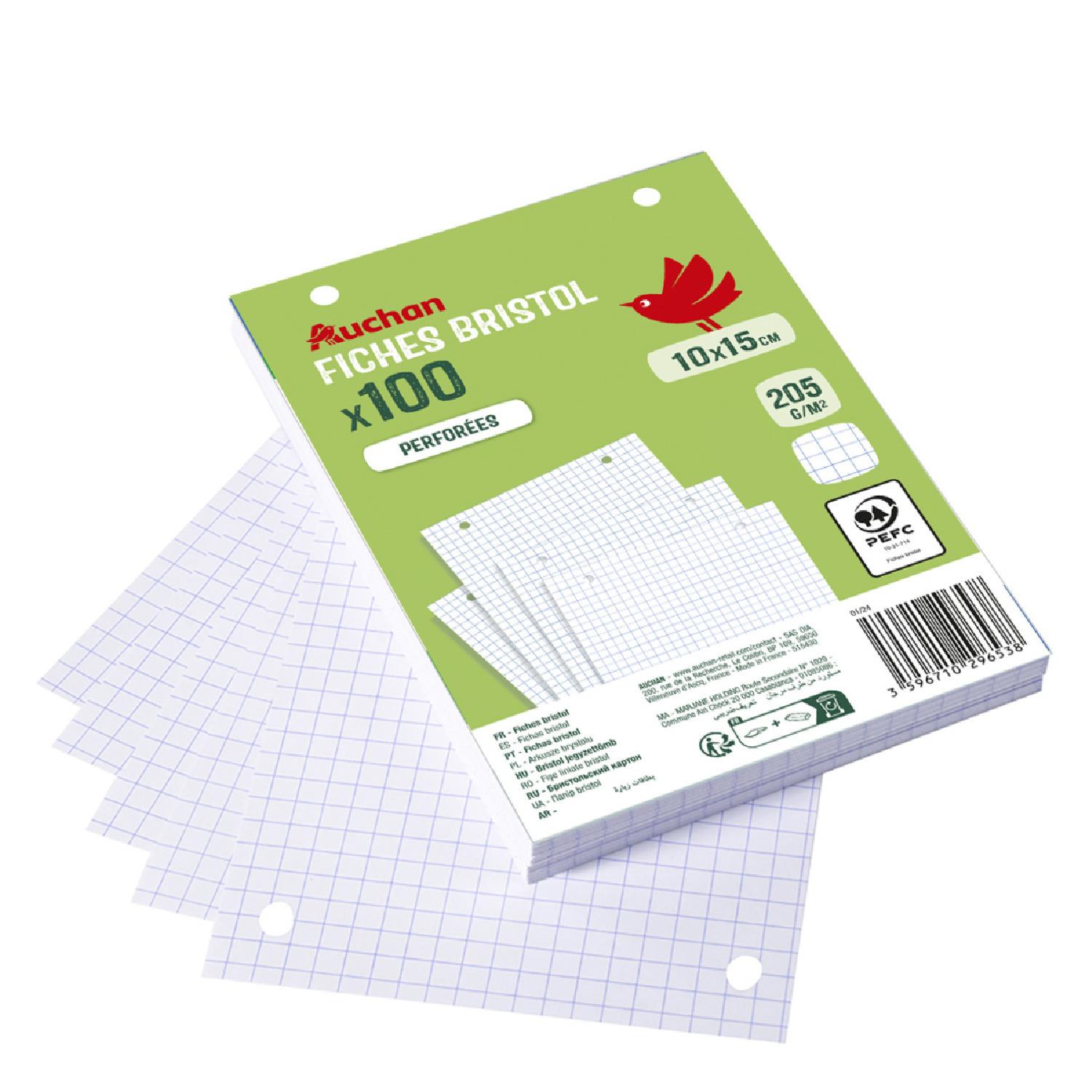 AUCHAN Lot de 100 fiches bristol 10x15cm petits carreaux 5x5 perforées