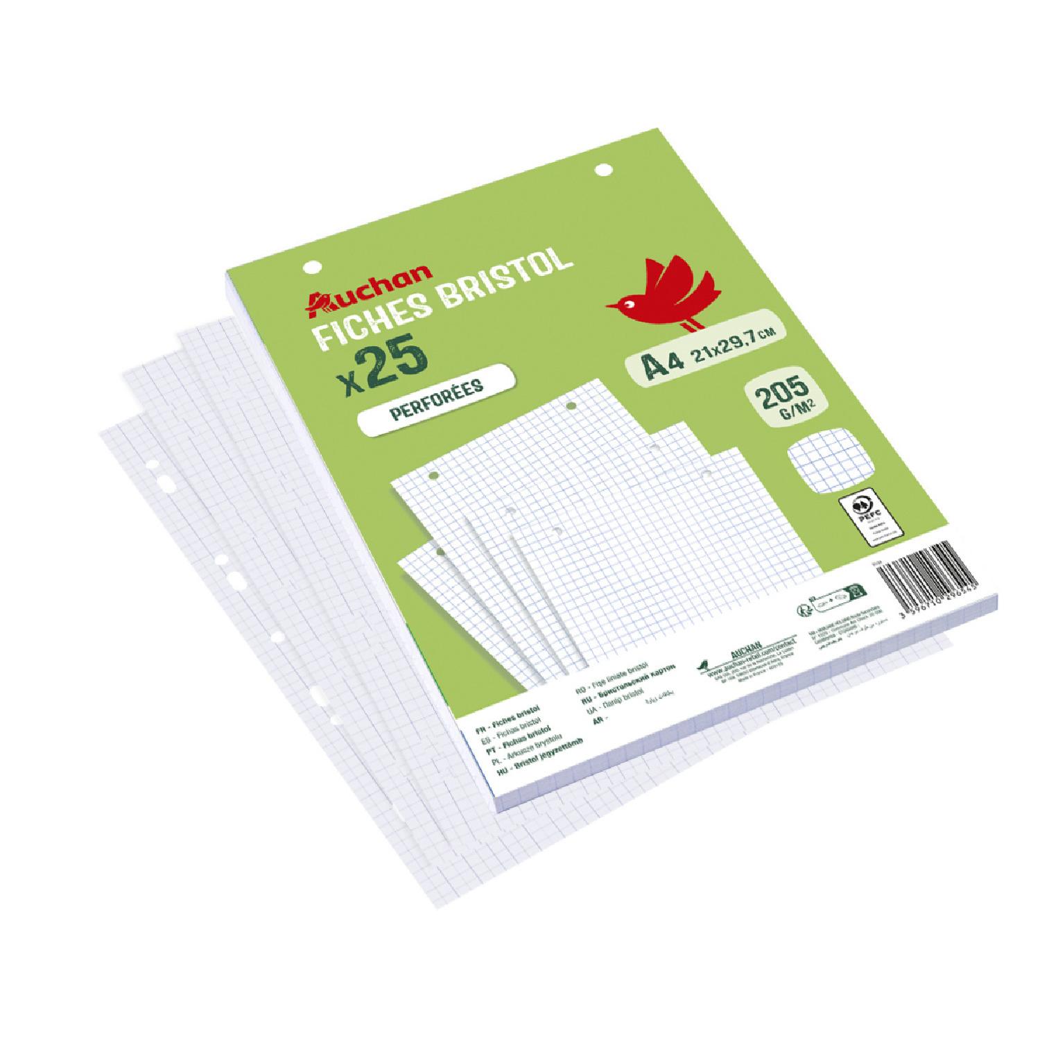 AUCHAN Lot de 25 fiches bristol 21x29,7cm petits carreaux 5x5 perforées