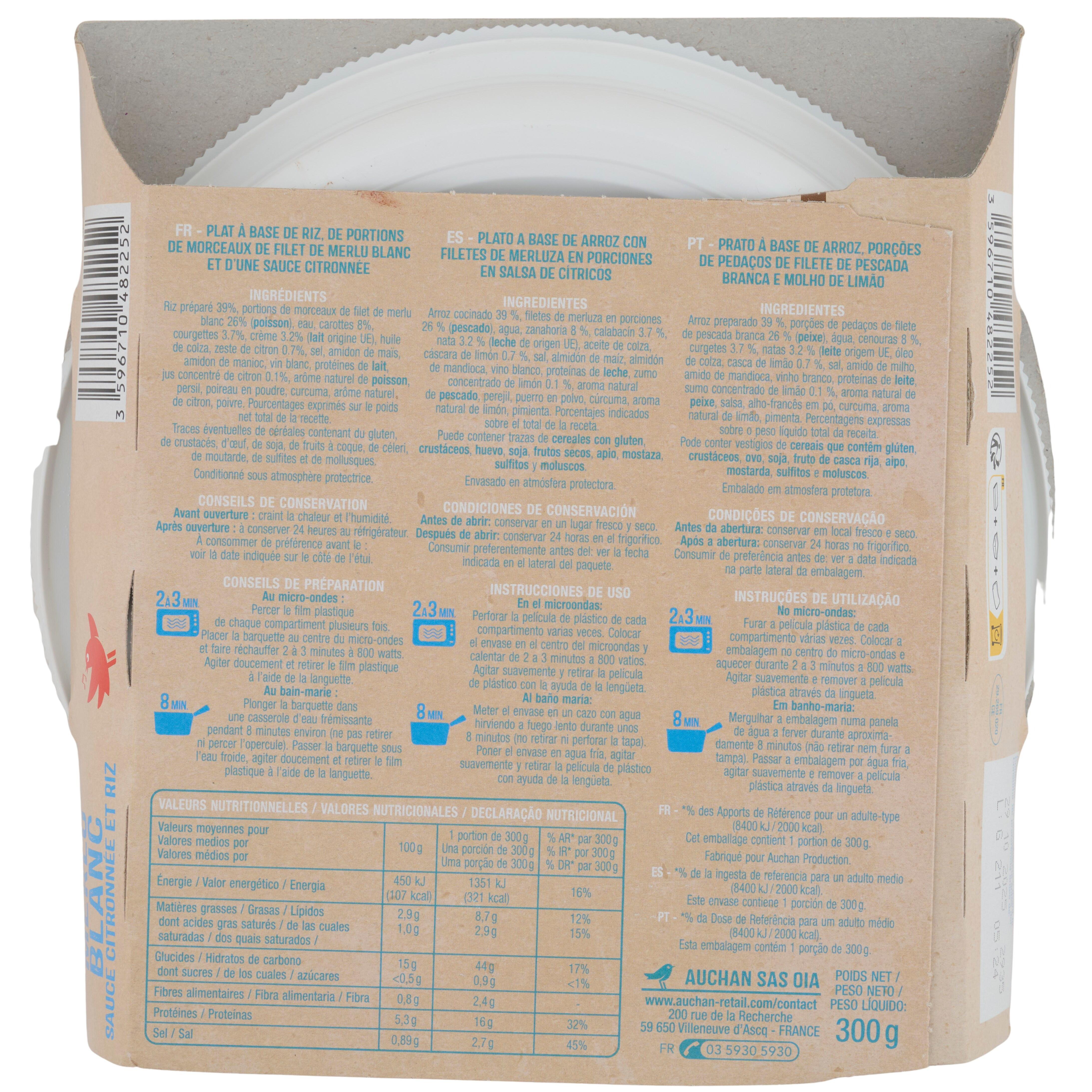 Voir la diapositive 2 : AUCHAN Merlu blanc sauce citronnée et riz prêt en 3 min 1 personne 300g