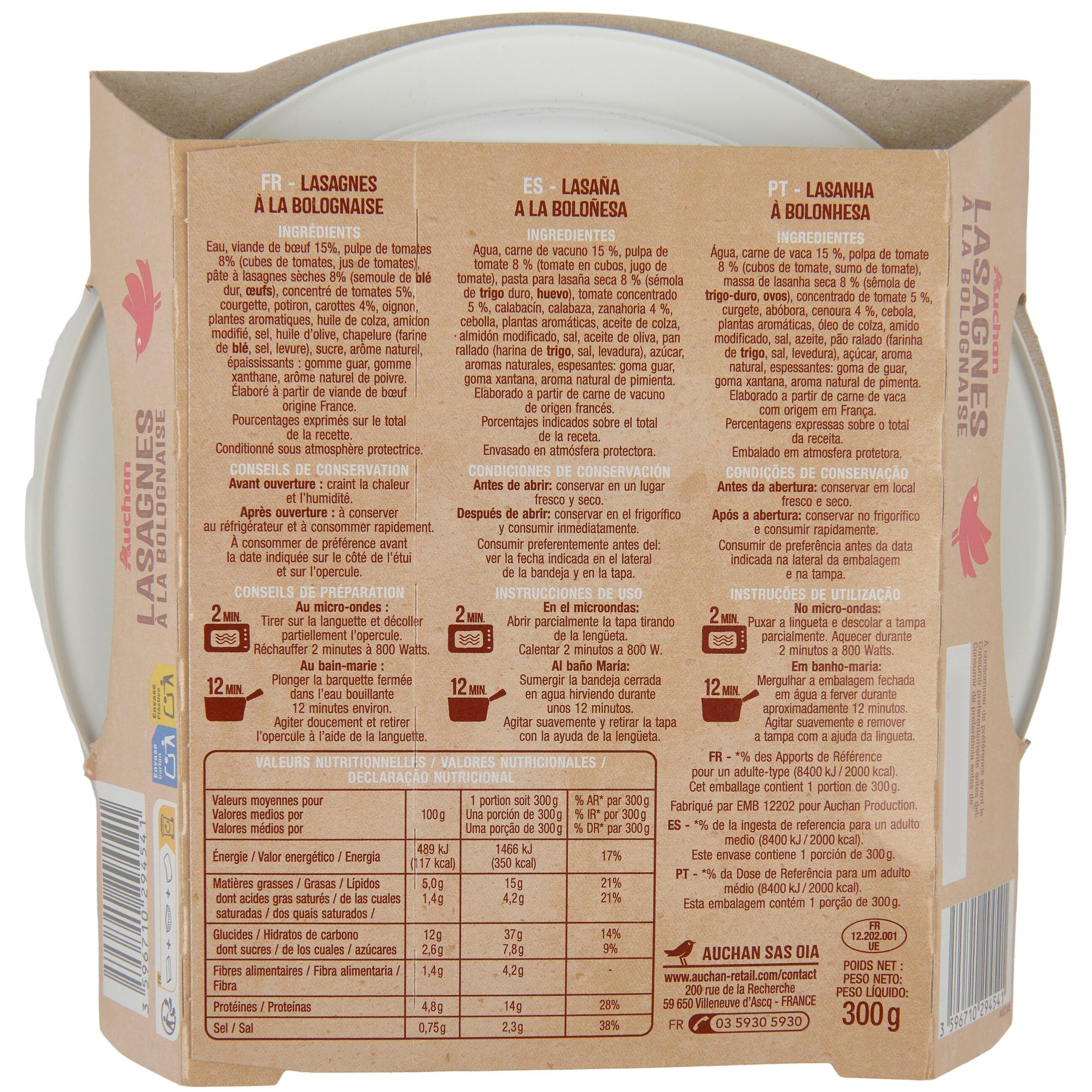 Voir la diapositive 2 : AUCHAN Lasagnes bolognaise barquette 3 min micro ondes 1 personne 300g