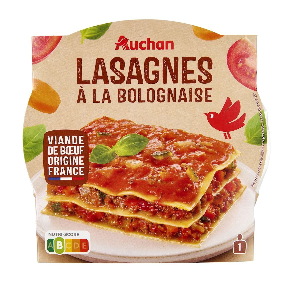 AUCHAN Lasagnes bolognaise barquette 3 min micro ondes 1 personne 300g