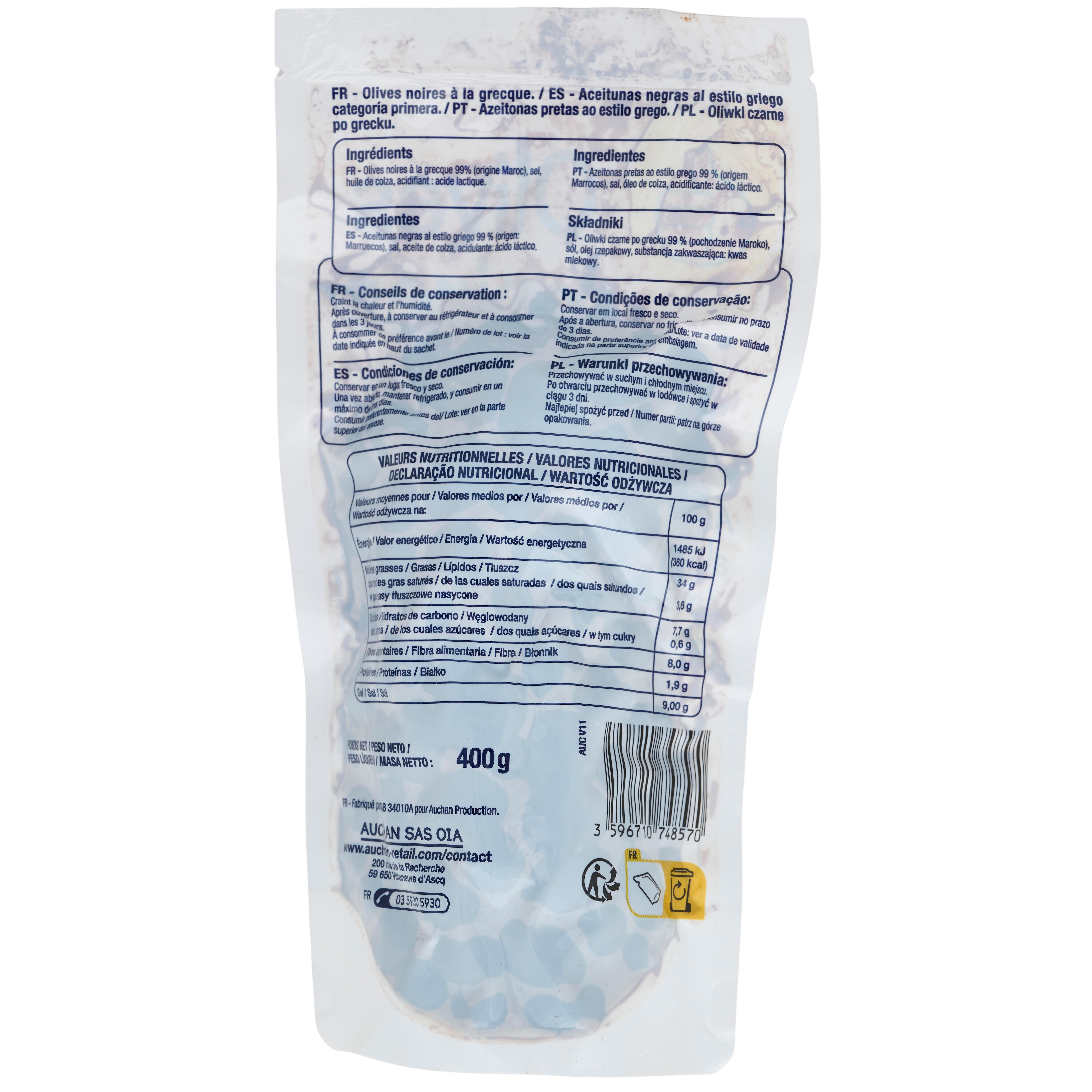 Voir la diapositive 2 : POUCE Olives noires à la grecque sachet refermable 400g