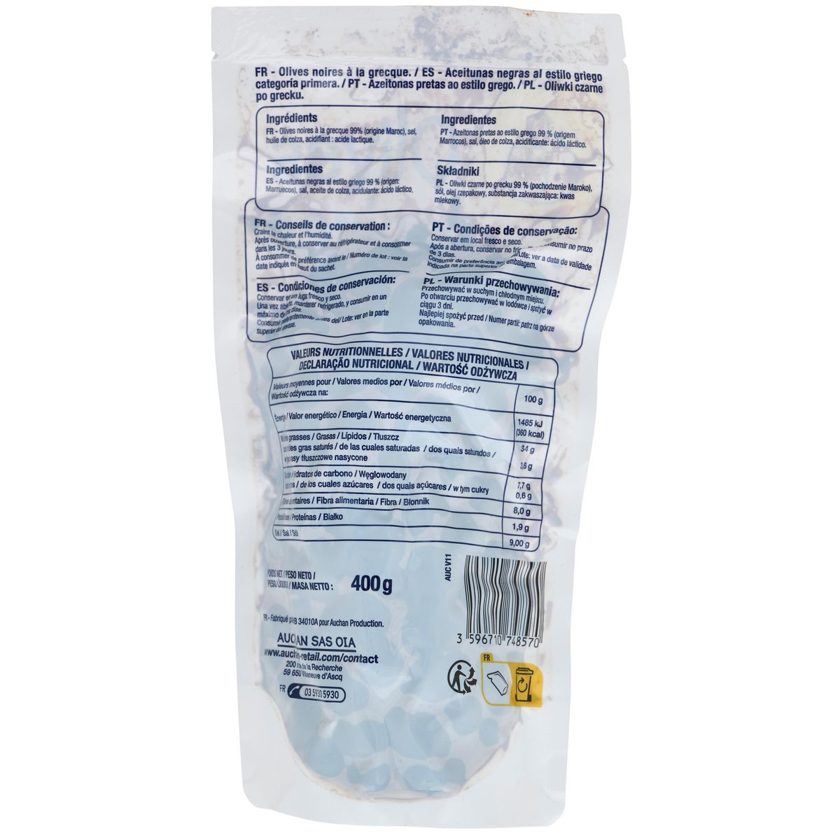 POUCE Olives noires à la grecque sachet refermable 400g