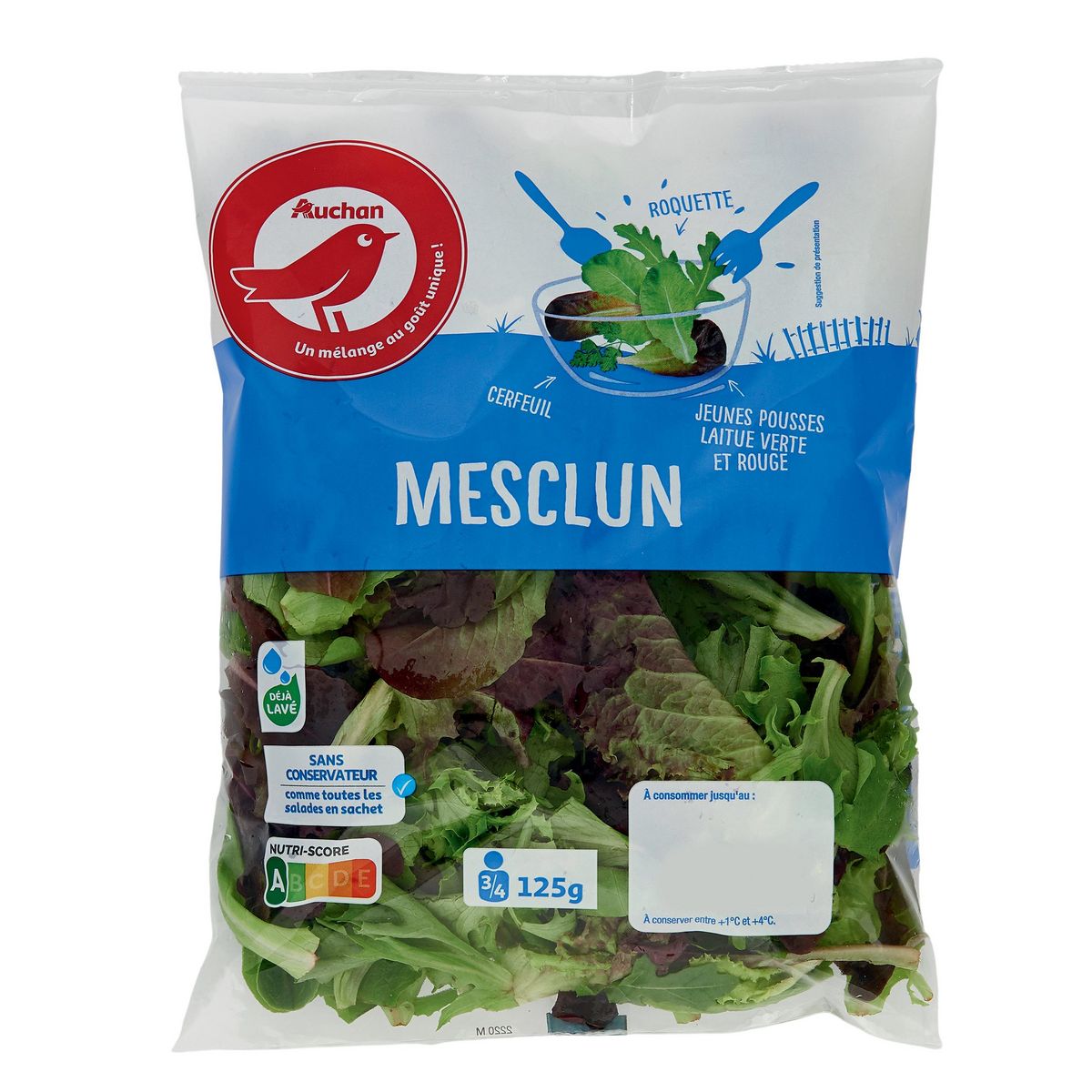 AUCHAN Mesclun roquette jeunes pousses de laitue et cerfeuil 3-4 parts 125g