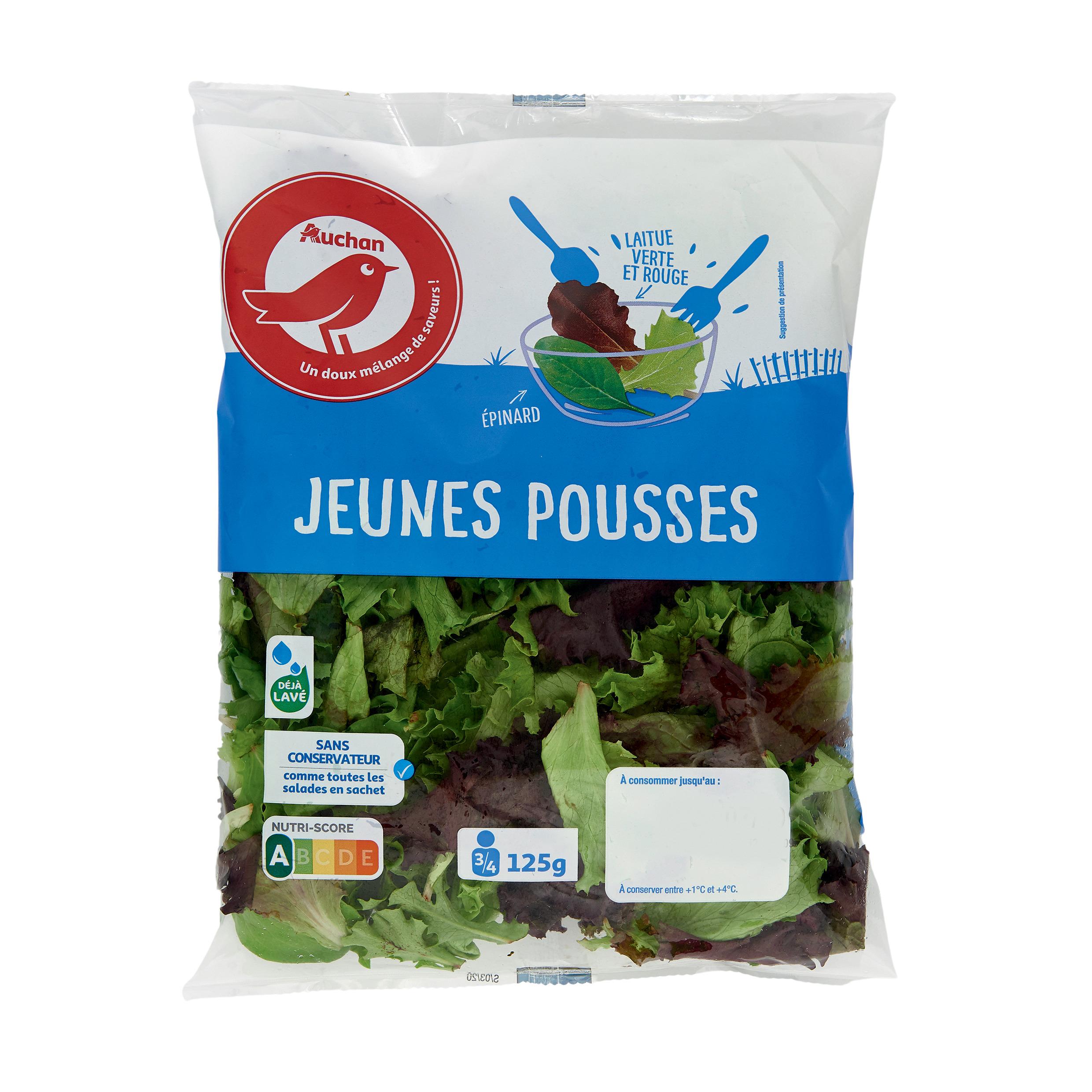 Voir la diapositive 2 : AUCHAN Mélange de jeunes pousses épinard et laitue 3-4 parts 125g