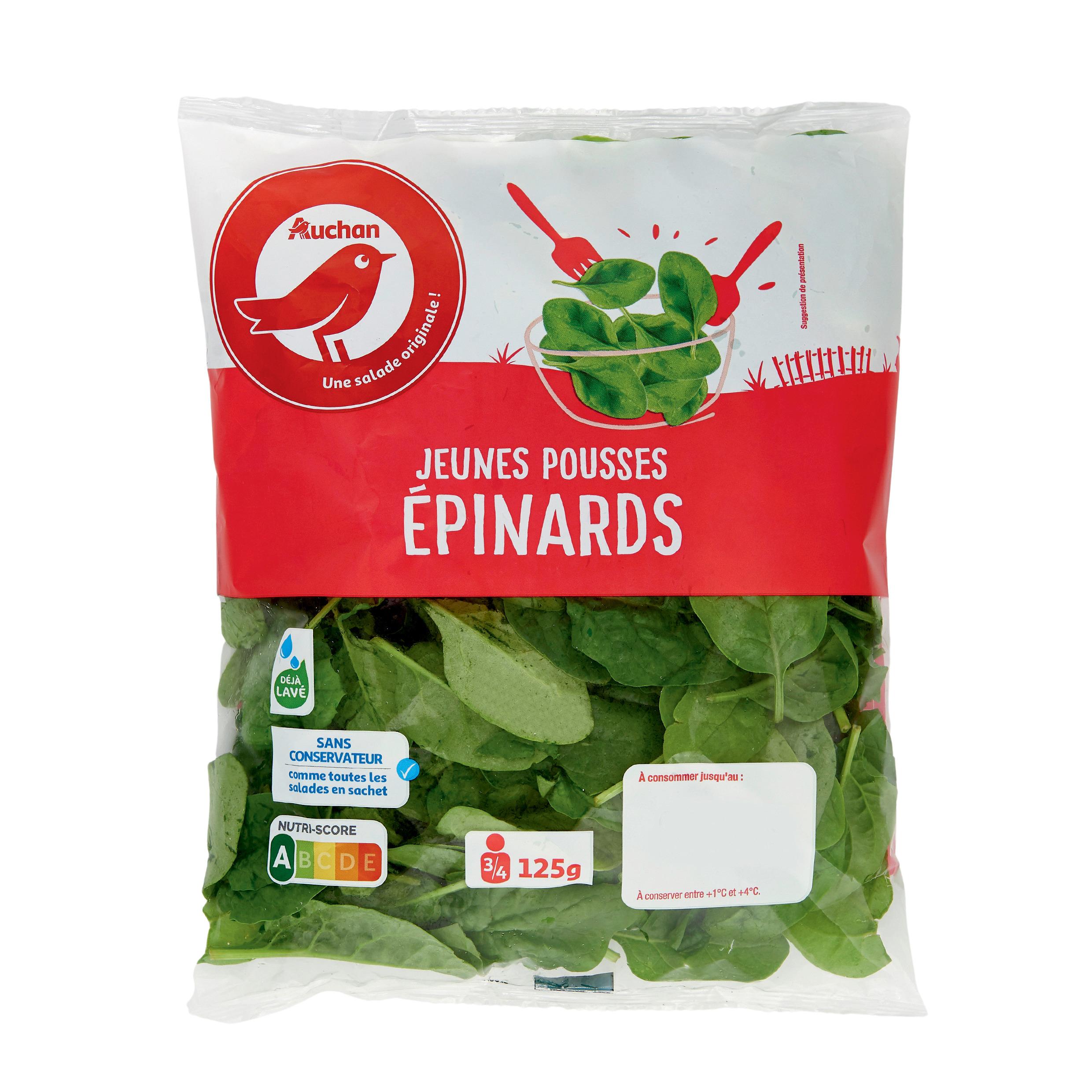 Voir la diapositive 2 : AUCHAN Jeunes pousses d'épinards 3/4 parts 125g