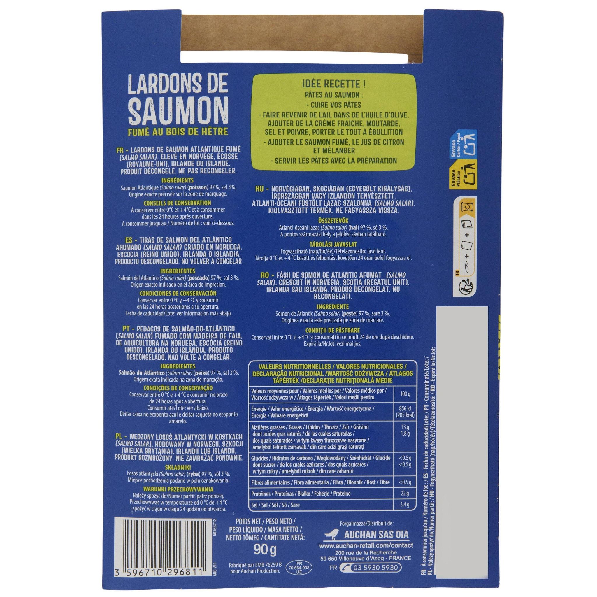 Voir la diapositive 2 : AUCHAN Lardons de saumon fumé au bois de hêtre 90g