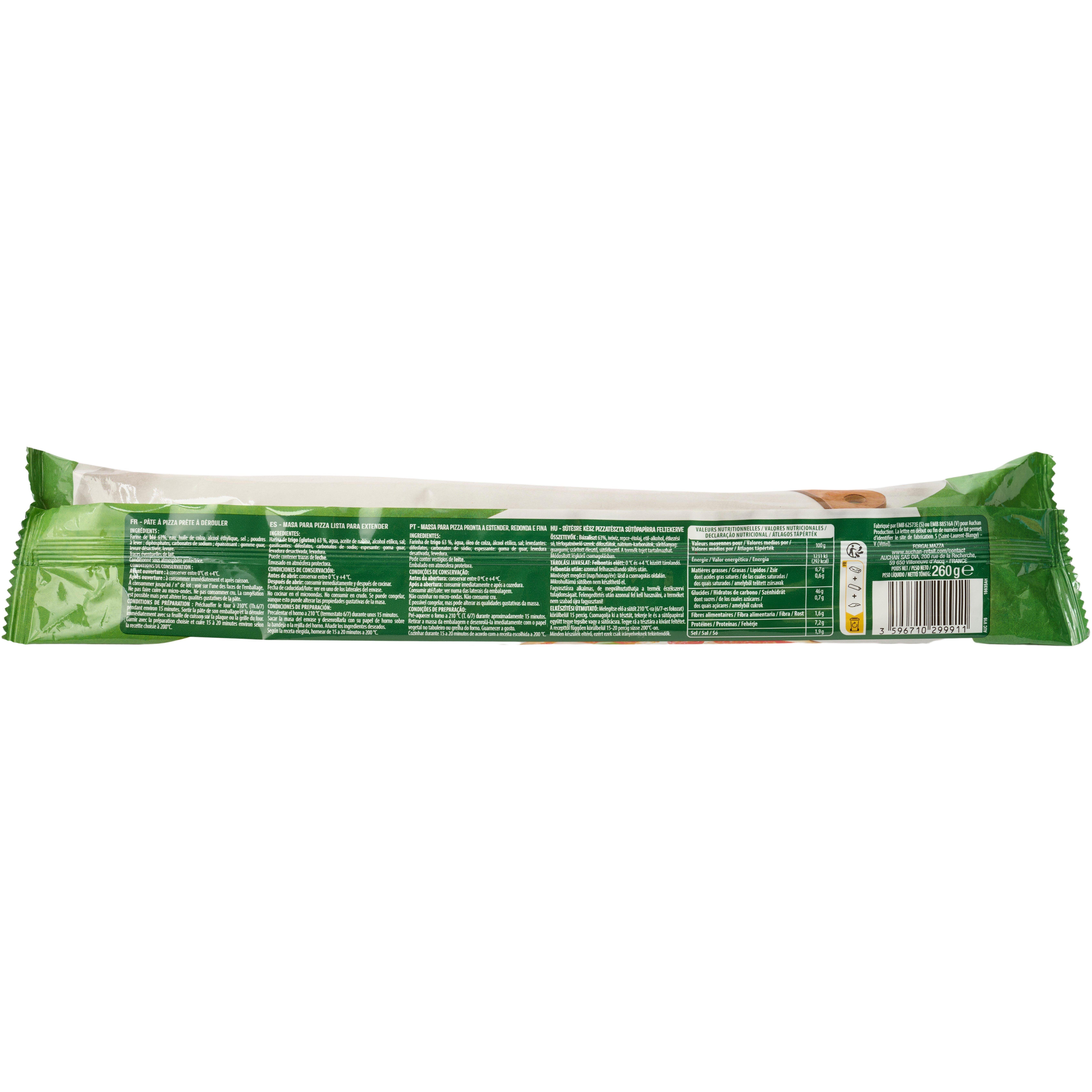 Voir la diapositive 2 : AUCHAN Pâte à pizza fine et ronde 260g