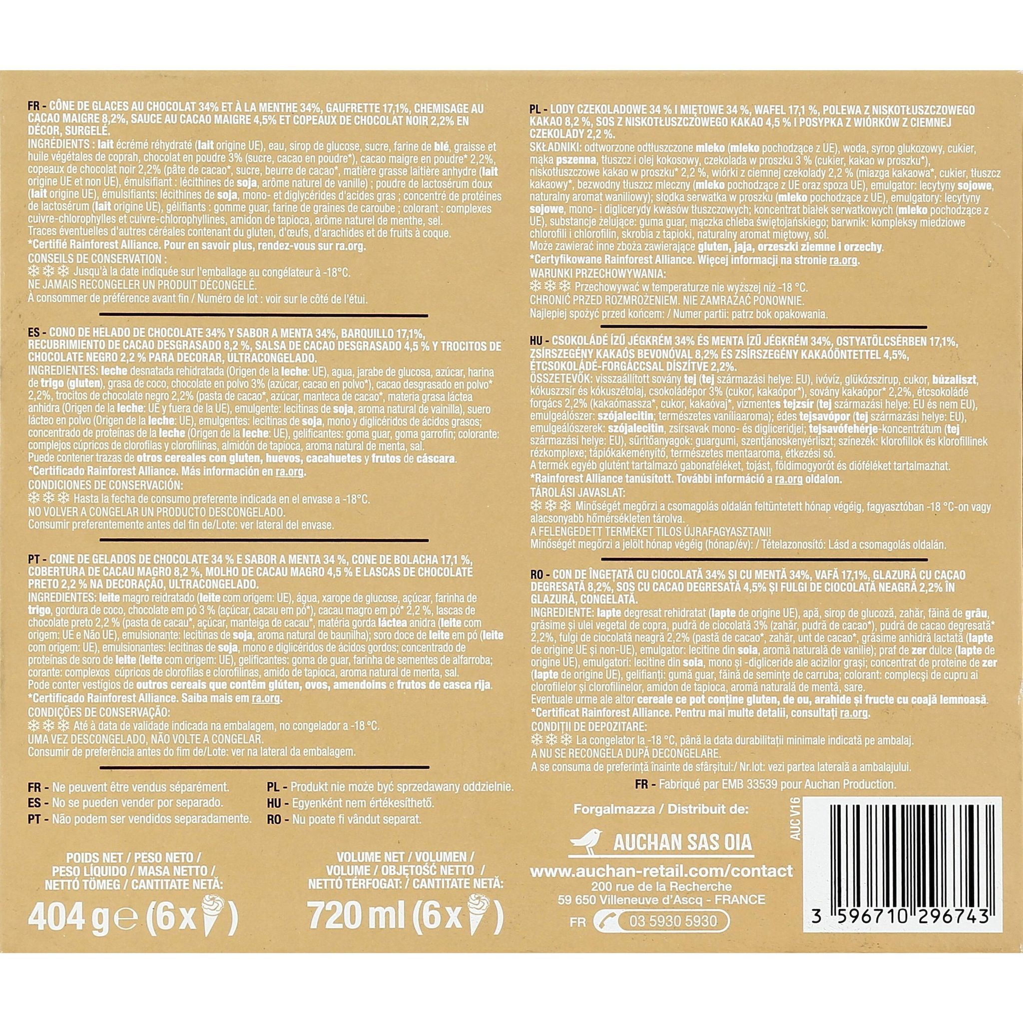 Voir la diapositive 2 : AUCHAN Cônes glacés à la menthe et au chocolat 6 pièces 404g