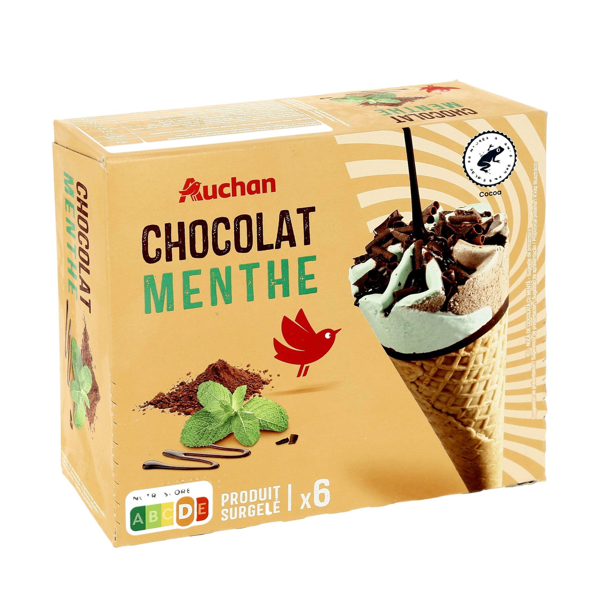 Voir la diapositive 4 : AUCHAN Cônes glacés à la menthe et au chocolat 6 pièces 404g