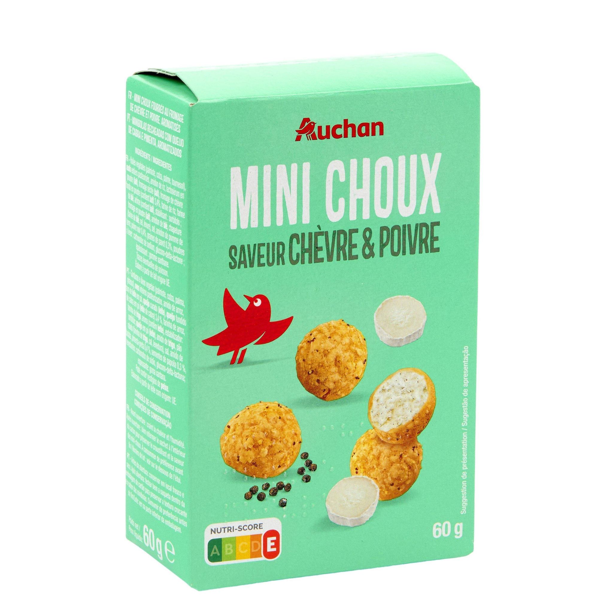 Voir la diapositive 3 : AUCHAN Mini choux saveur fromage de chèvre et poivre 60g