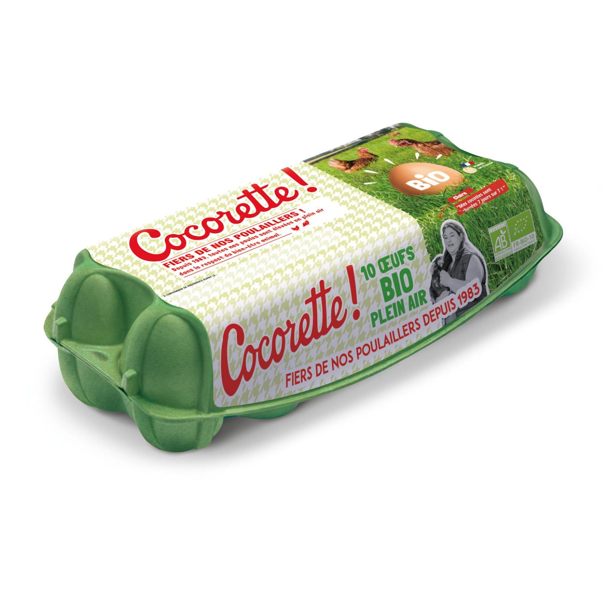 Voir la diapositive 2 : COCORETTE Oeufs de poules élevées en plein air bio 10 pièces