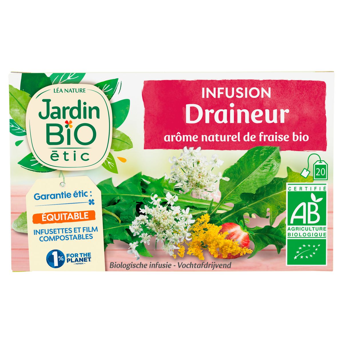 JARDIN BIO ETIC Infusion draineur arôme naturel de fraise 20 sachets 30g