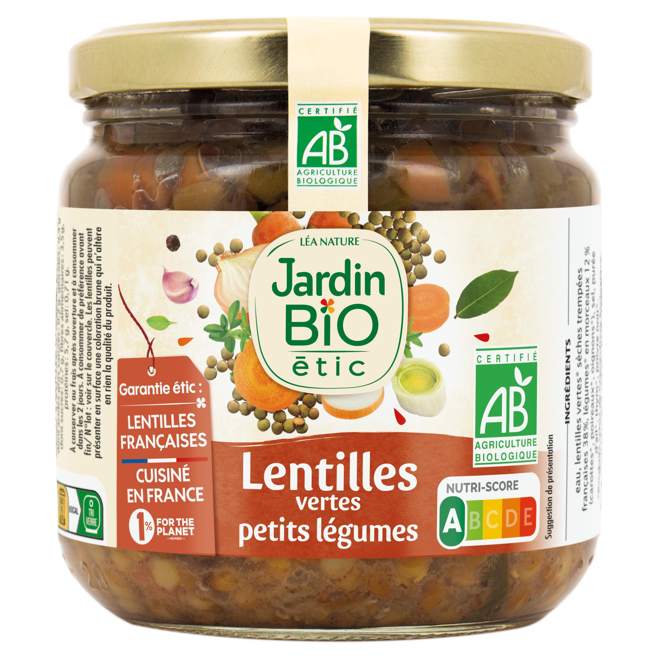 Voir la diapositive 2 : JARDIN BIO ETIC Lentilles vertes cuisinées aux petits légumes bio en bocal 400g