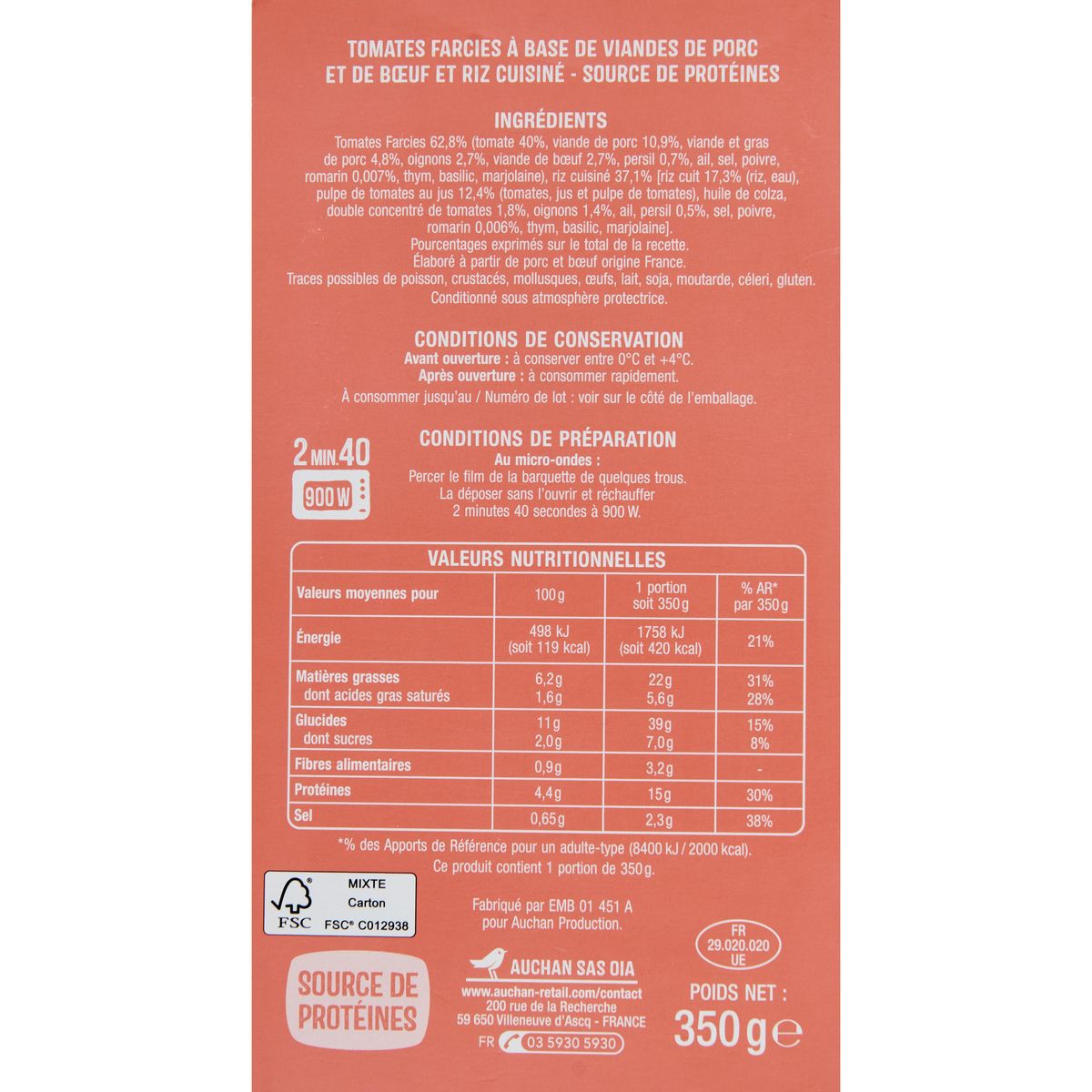 AUCHAN Tomates farcies riz cuisiné 1 part 350g