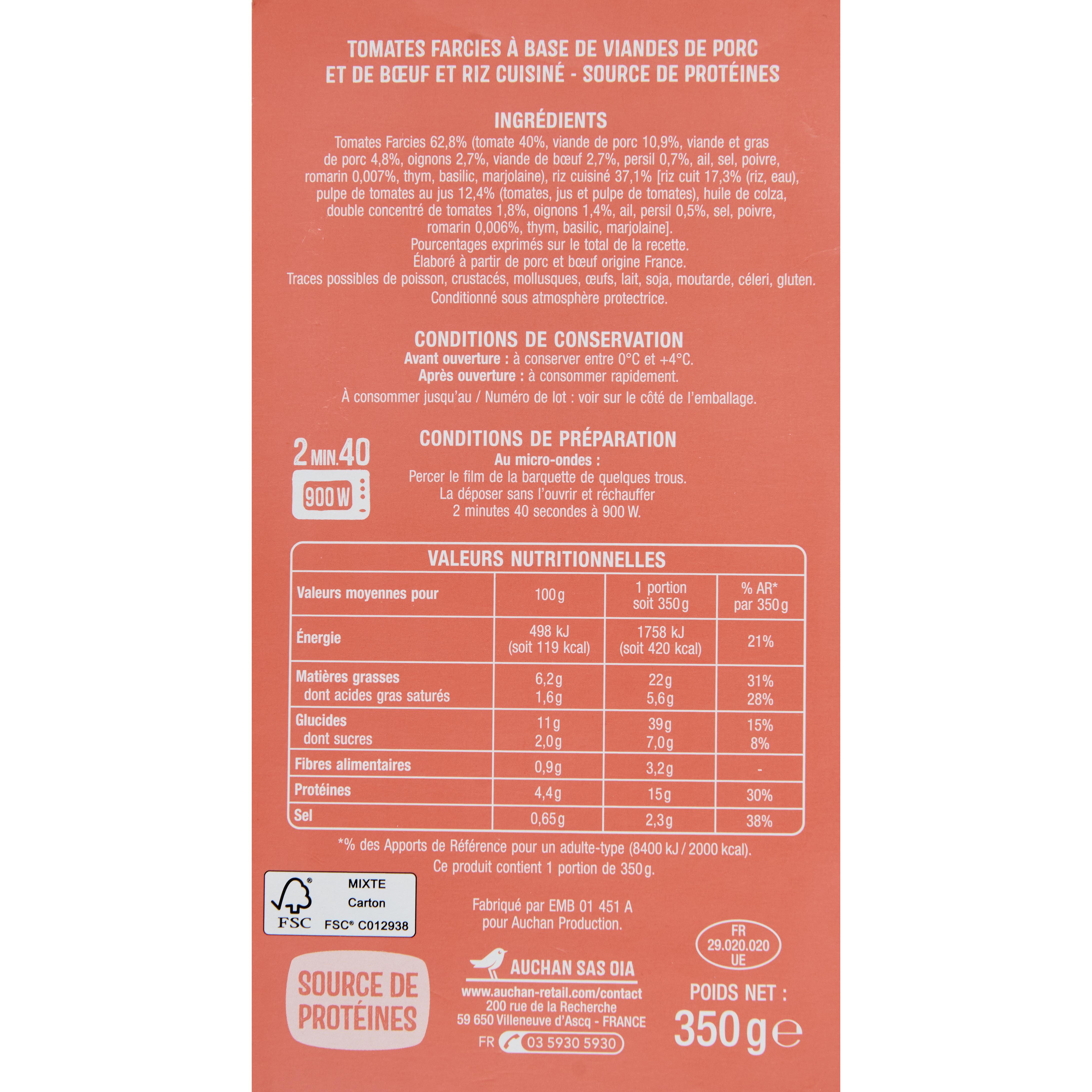 Voir la diapositive 3 : AUCHAN Tomates farcies riz cuisiné 1 part 350g