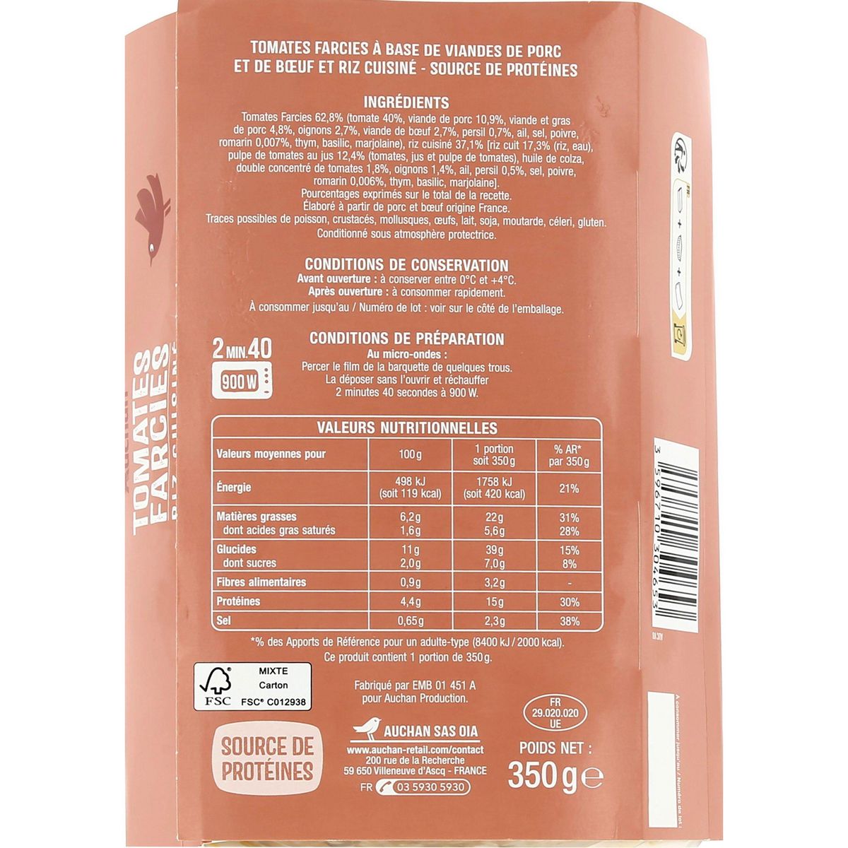 AUCHAN Tomates farcies riz cuisiné 1 part 350g