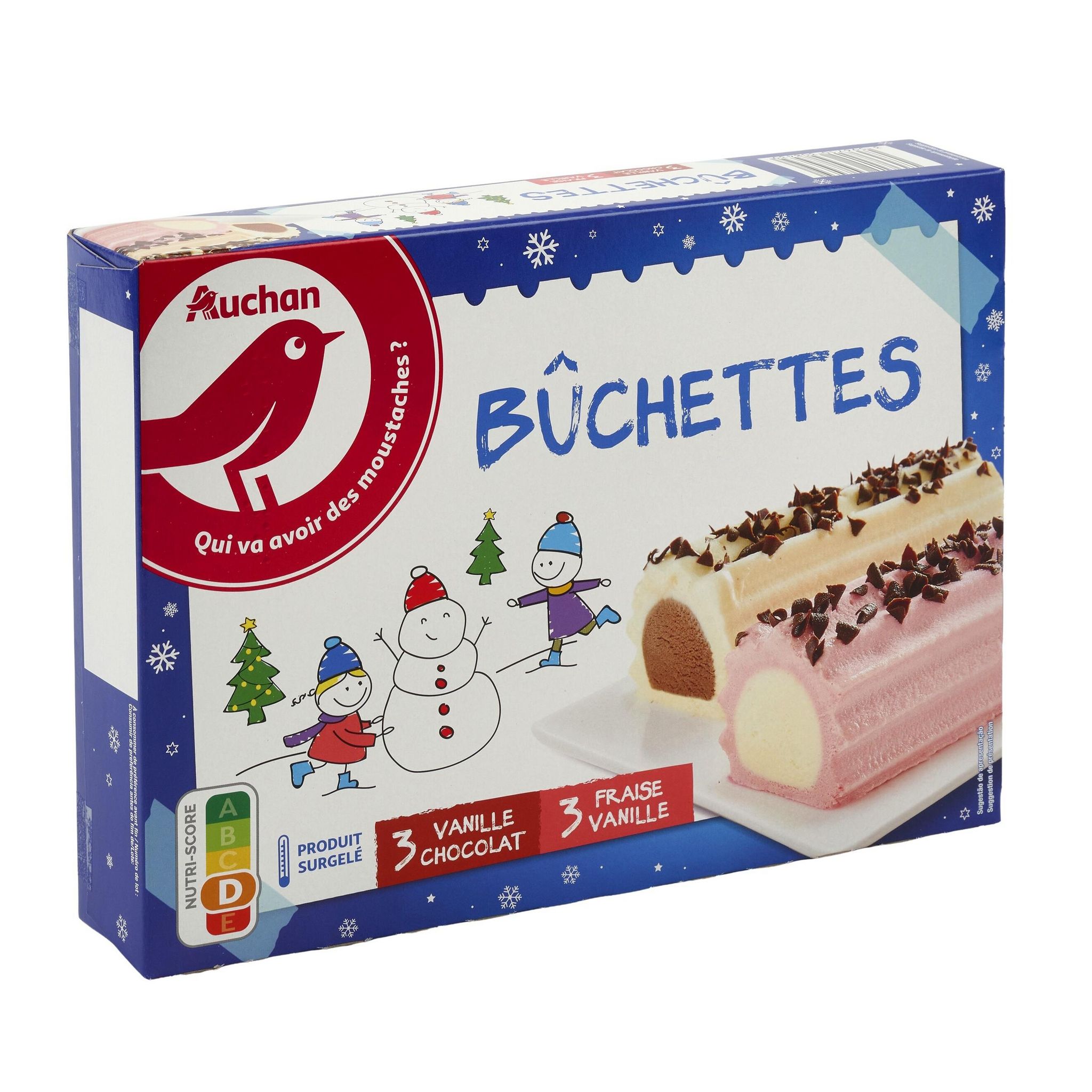 Voir la diapositive 2 : AUCHAN RIK & ROK Assortiment de bûchettes glacées fraise et chocolat vanille 6 pièces 352g