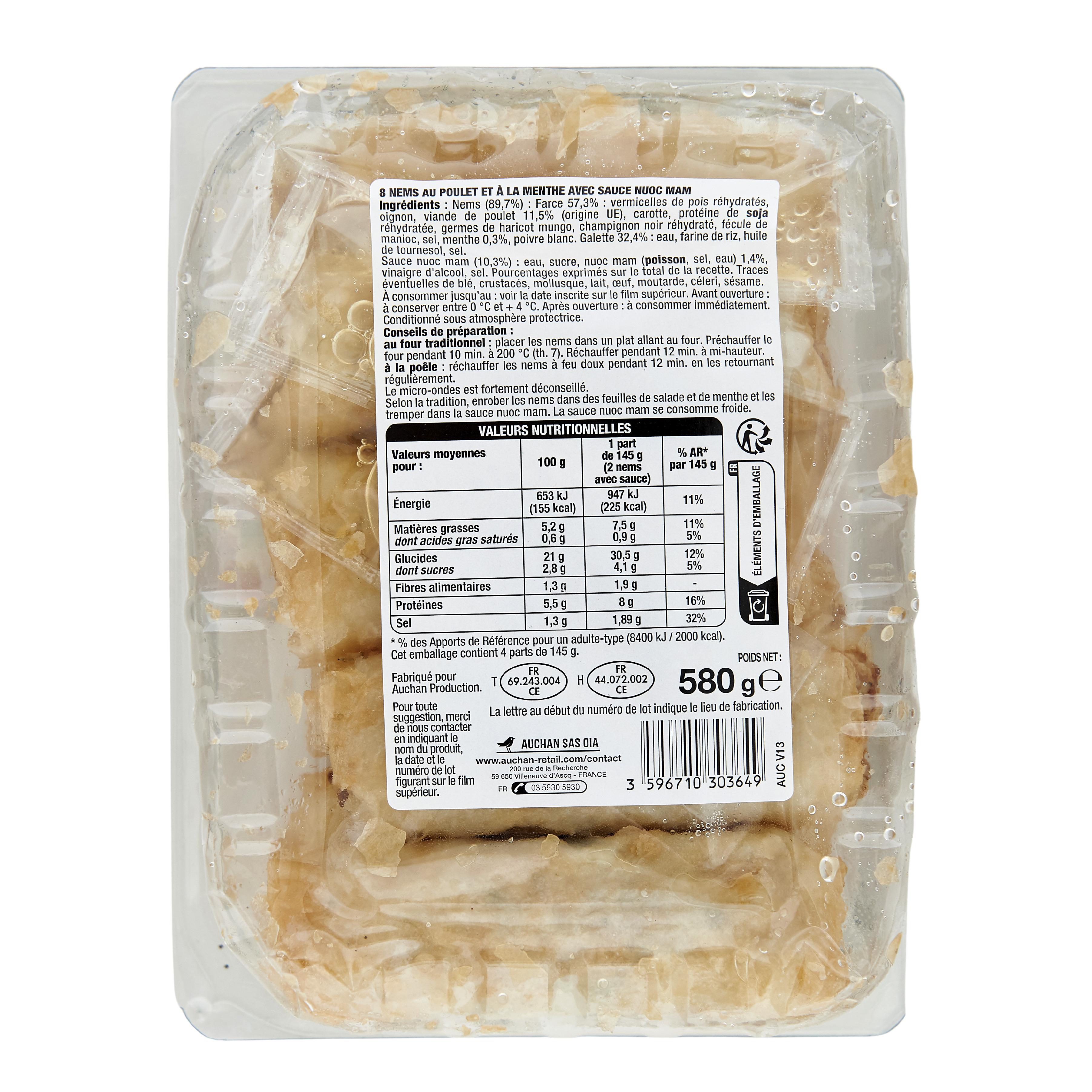 Voir la diapositive 2 : AUCHAN Nem volaille menthe sauce nuoc mam 8 pièces 580g