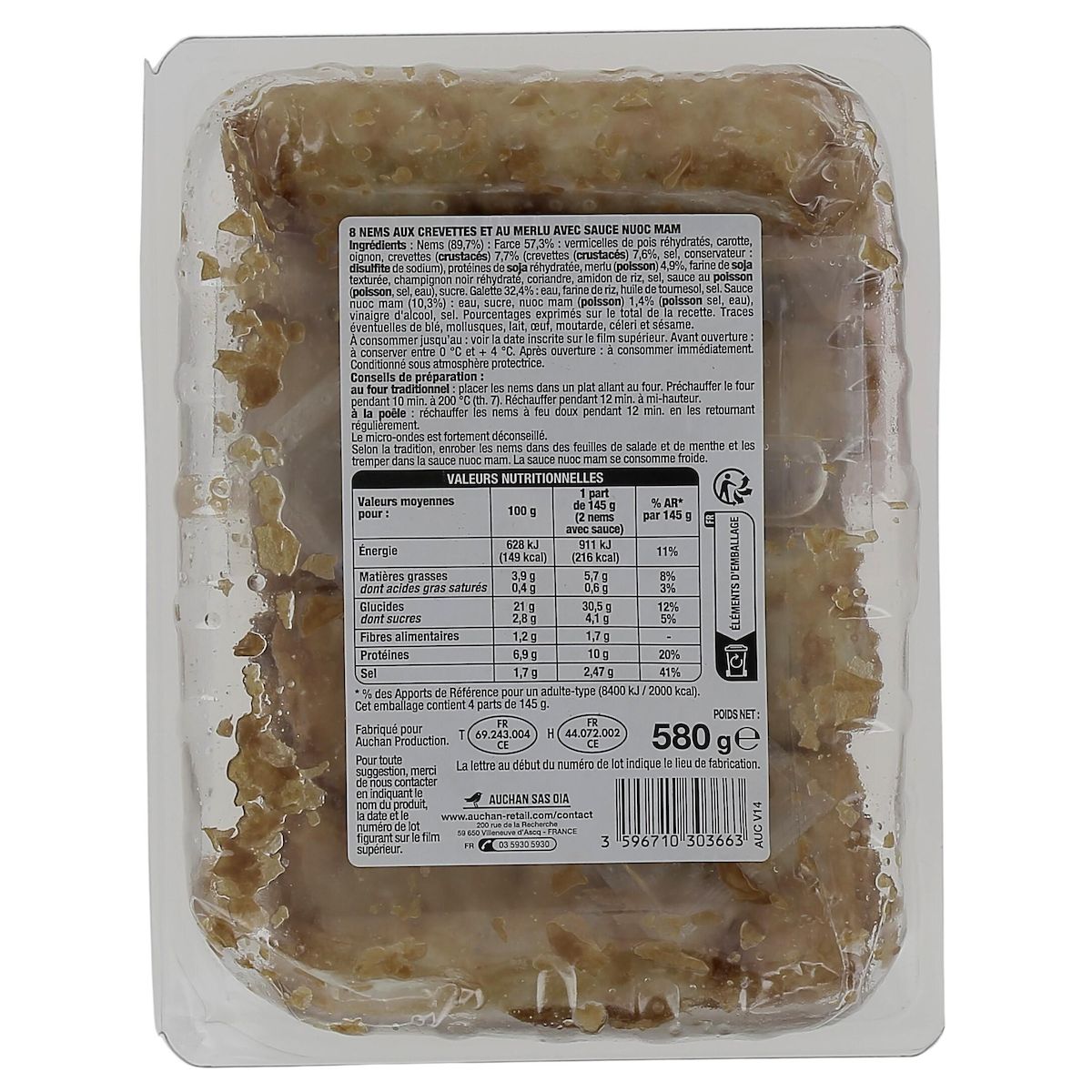 AUCHAN Nem crevettes colin d&apos;Alaska crabe sauce nuoc mam 8 pi&#xE8;ces 580g